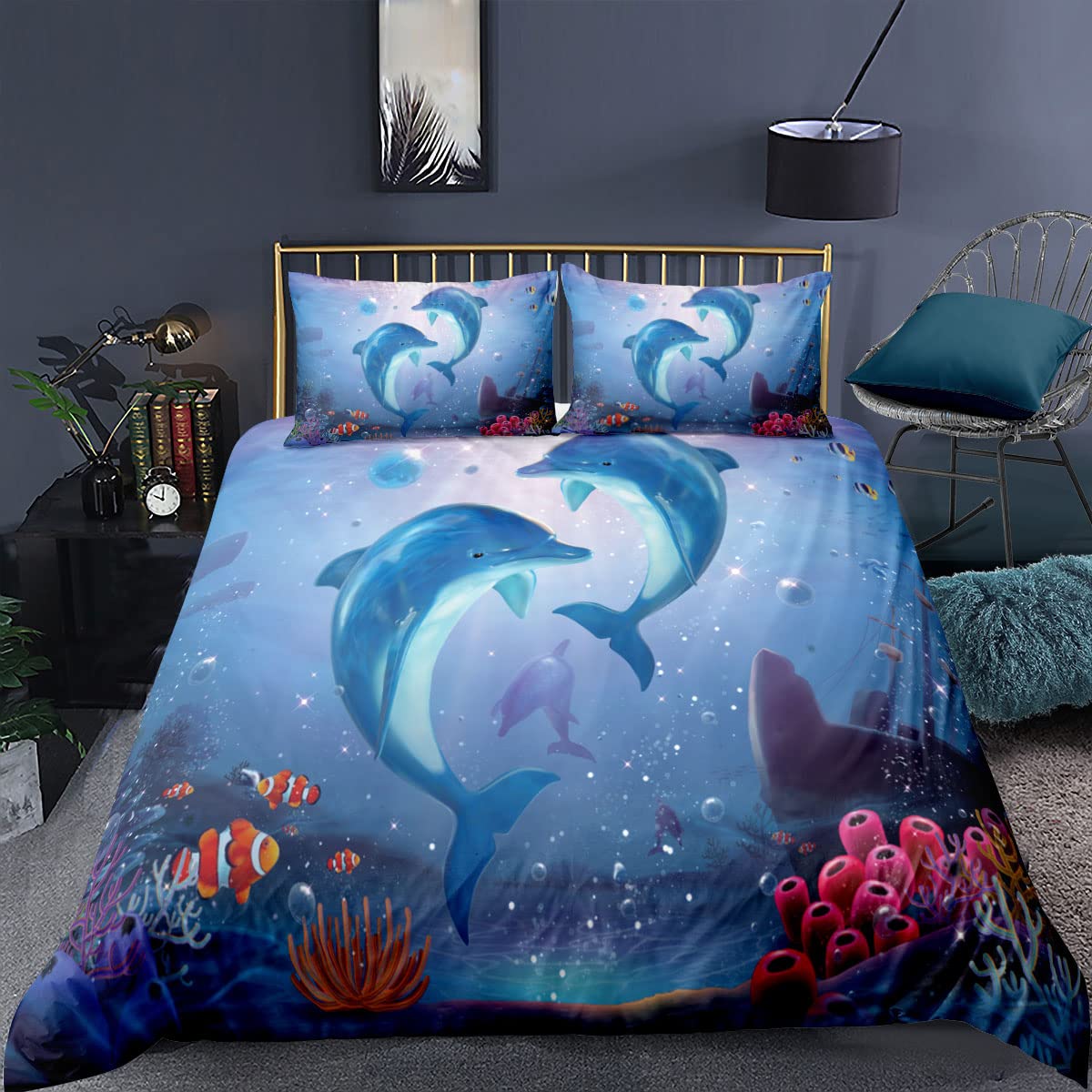 3D Jumping Dolphins Comforter Set Twin Size - Blue Ocean Grey Dolphin Duvet Cover & Pillowcase - Sea Animal Themed Bedding for Kids & Teens - Perfect for Coastal & Marine Life Inspired Bedrooms