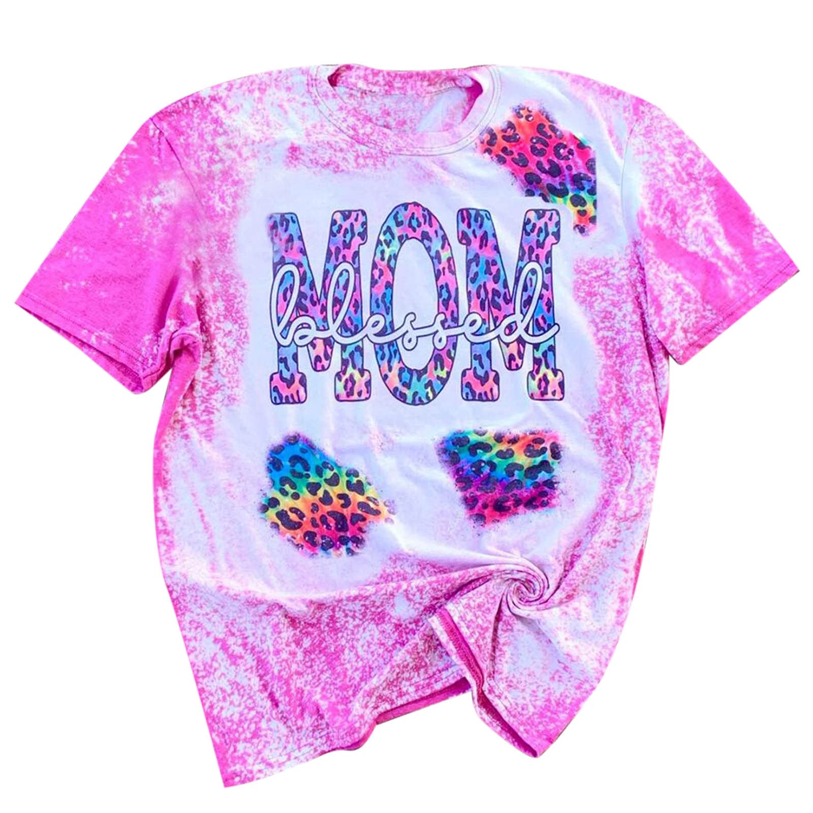 Women's Short Sleeve Crewneck Sweatshirt - Soft Bleach Print T-Shirt for Casual Wear | Perfect for Everyday Outfits, Mom Style & Street Fashion