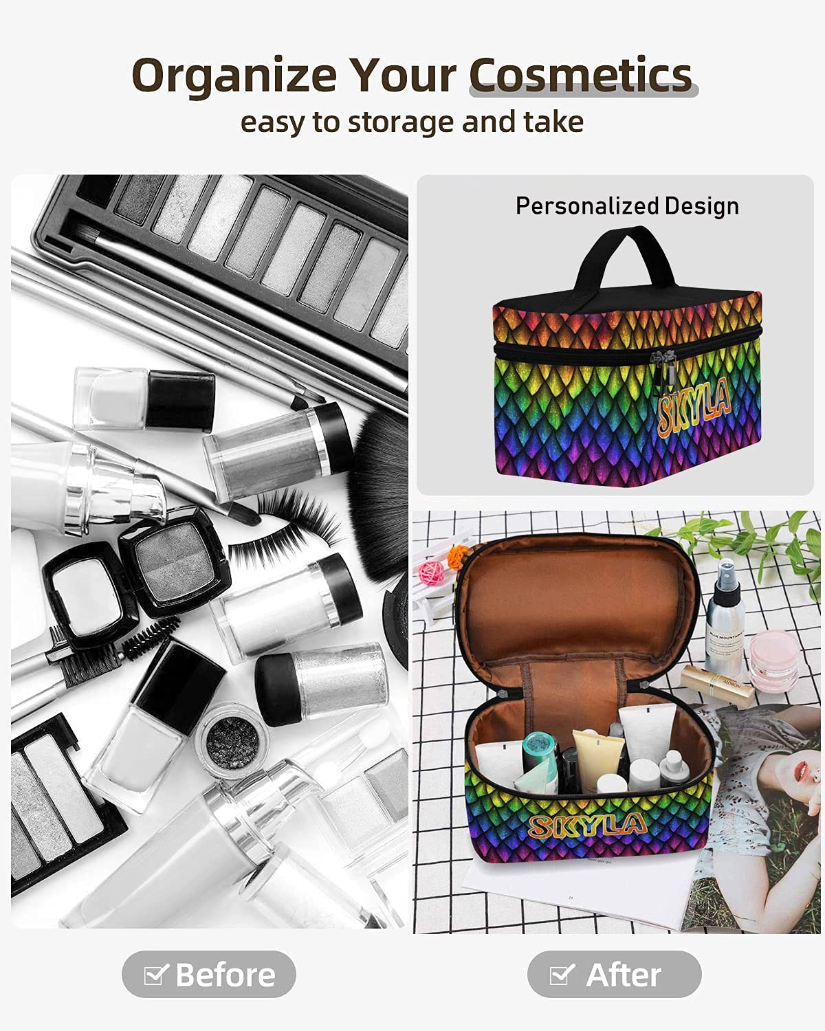 YESCUSTOM Personalized Makeup Bag - Waterproof Travel Cosmetic Organizer for Women & Girls, Perfect for Travel & Daily Use