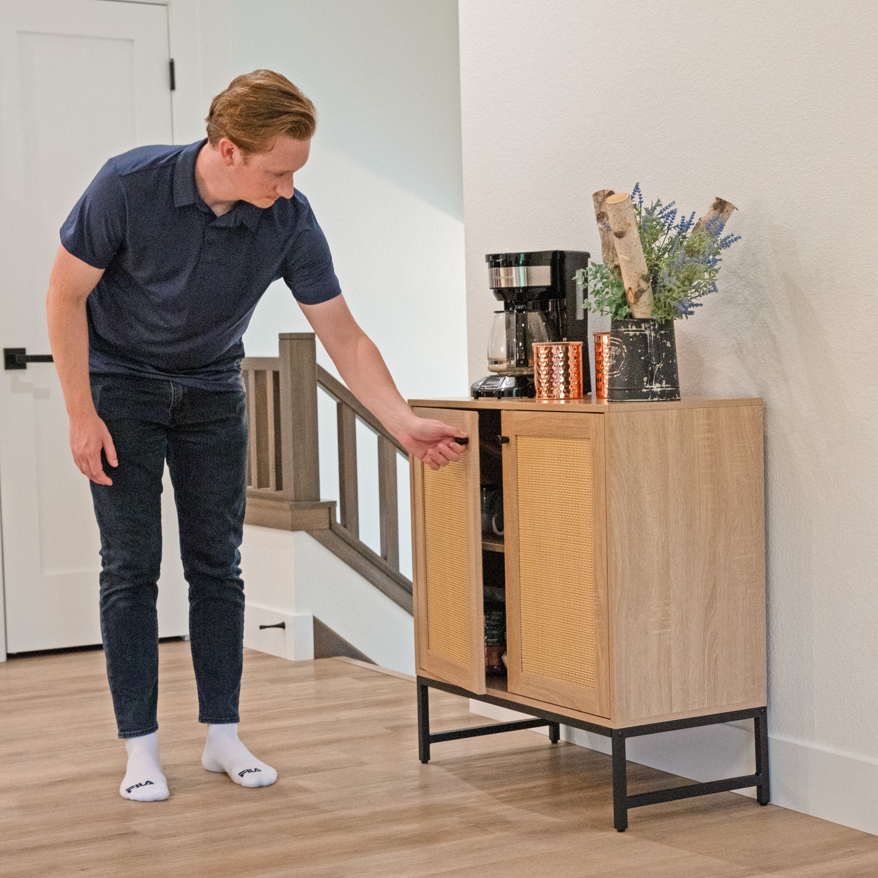 Sunnydaze 2-Door Sideboard Storage Cabinet with Shelf & Woven Rattan Doors - Perfect for Living Room, Dining Room, or Bedroom Organization