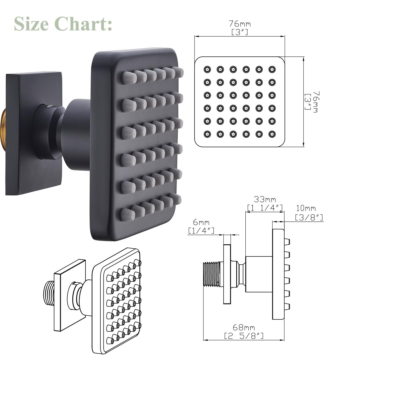 Oupukle 3 Inch Brass Square Shower Body Spray Jets - 36 Silicone Massage Heads & 216 Spout Holes - NPT 1/2