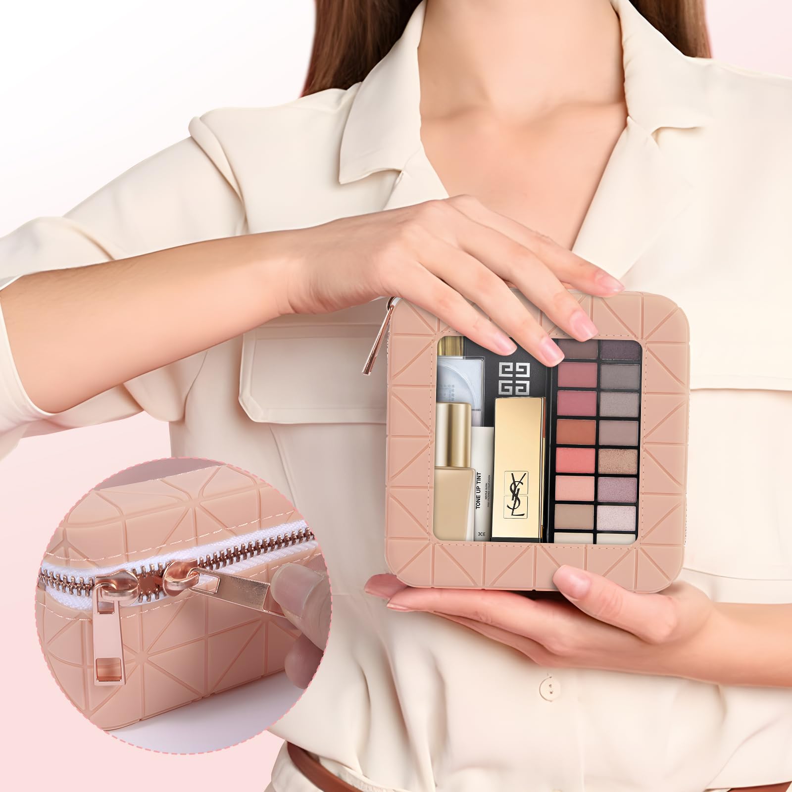 Clear Silicone Makeup Bag for Women - Soft Portable Travel Cosmetic Organizer with Rose Gold Zippers (Beige/Pink) | Perfect for Travel, Gym & Daily Essentials Storage