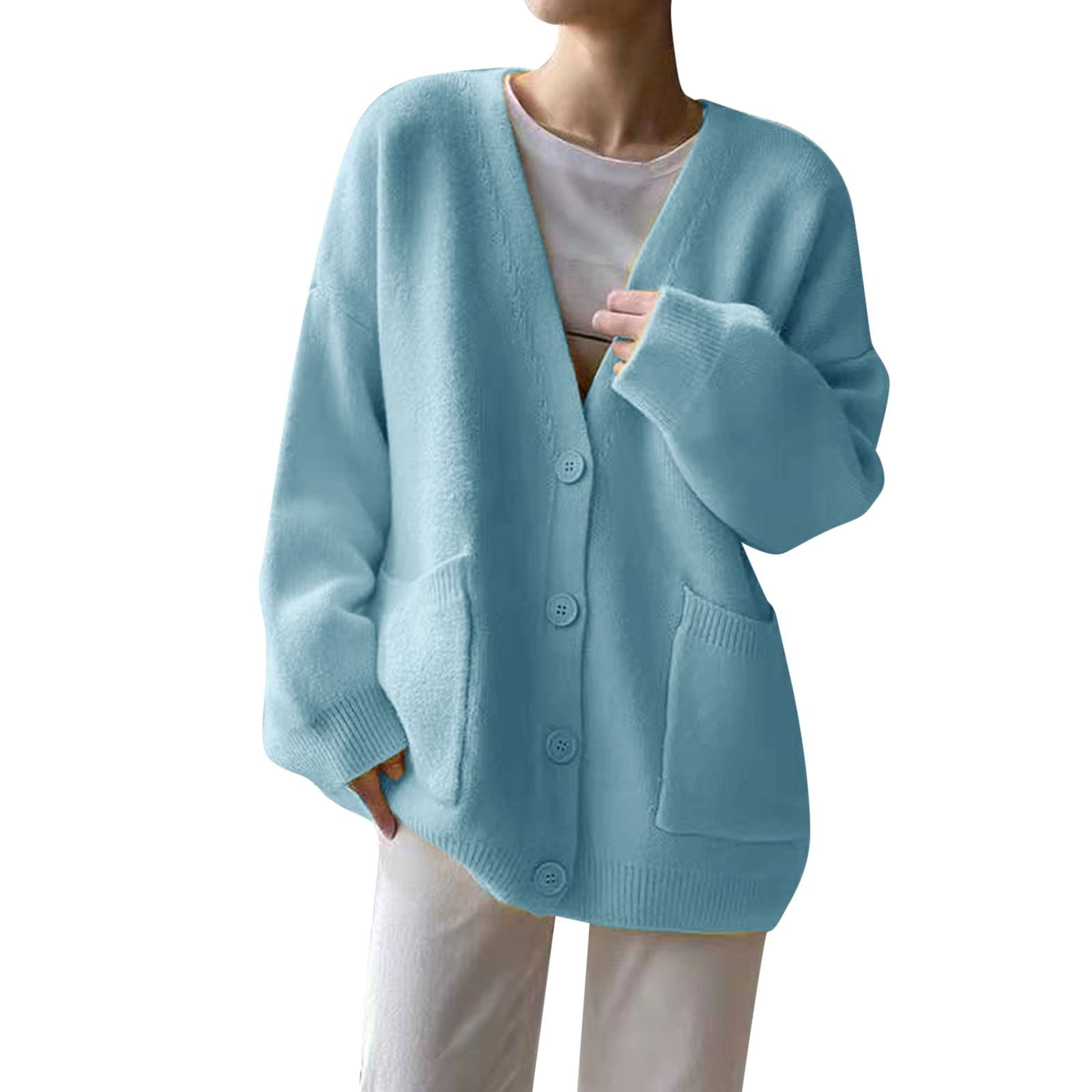 Soft Dropped Shoulder Long Sleeve Women's Cardigan with Side Slits - Plus Size 2XL Cozy Knit Sweater for Fall & Winter | Perfect for Office, Lounge & Casual Outfits