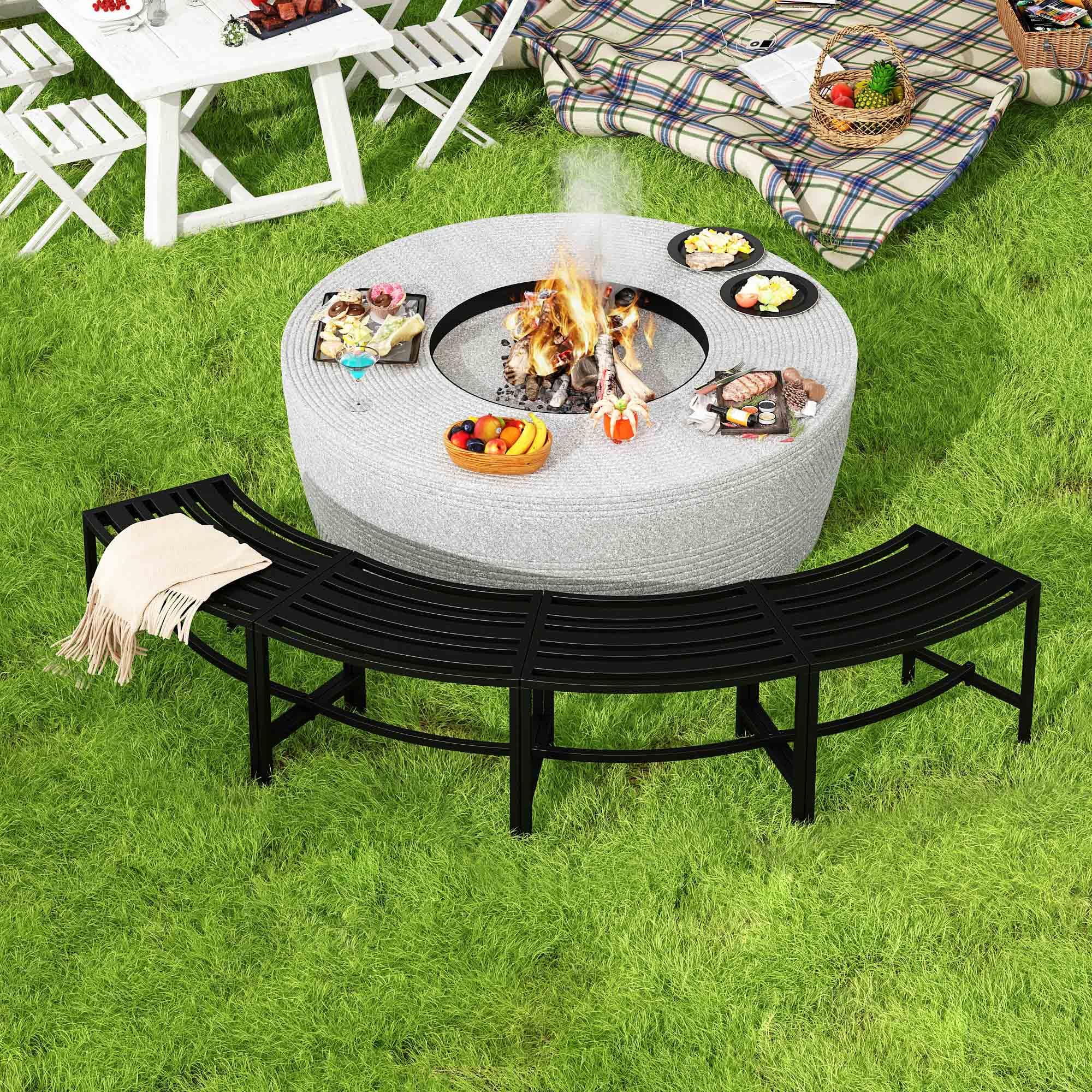 4-Piece Black Metal Curved Fire Pit Bench Set - Heavy Duty Steel Outdoor Seating for Garden, Patio, Porch & Backyard - Backless Design Doubles as Plant Stand - Perfect for Campfires, Outdoor Gatherings & Garden Decor