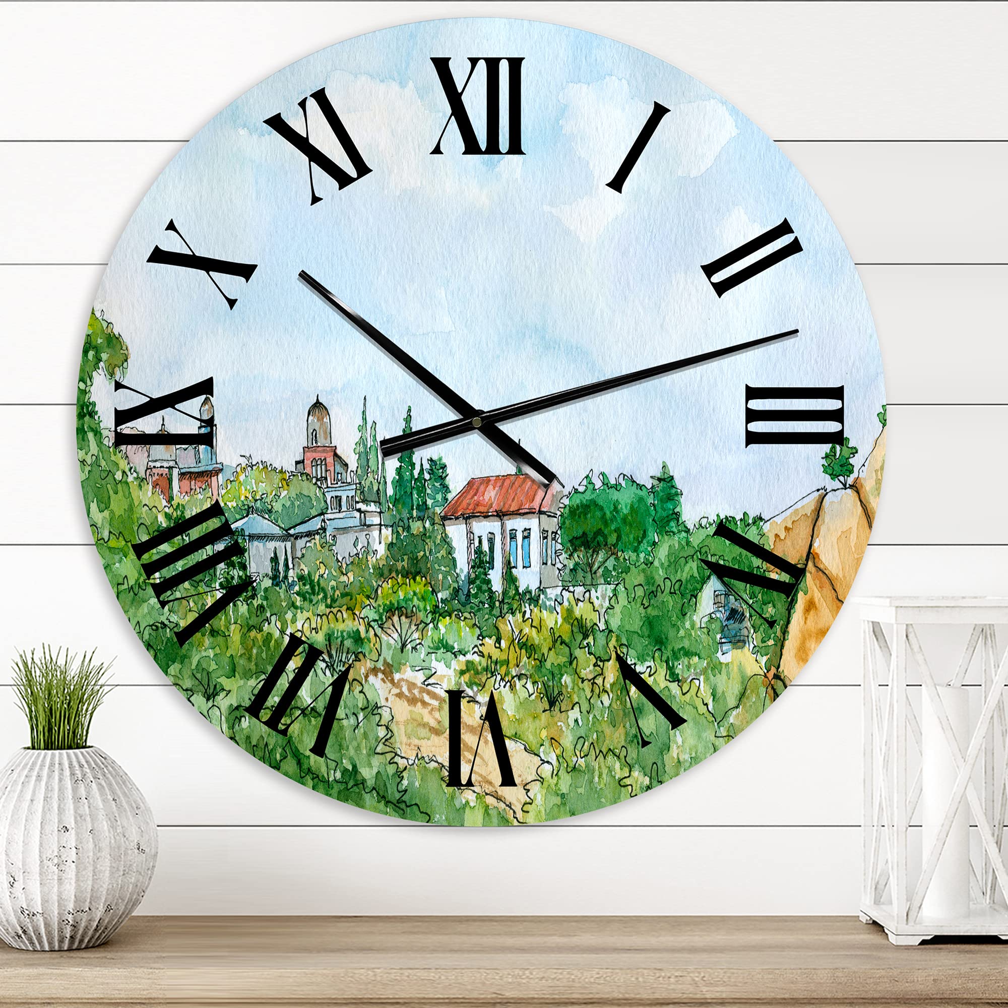 DesignQ Traditional Wall Clock - White House with Red Roof Countryside Landscape, Large Decorative Clock for Home & Office | Perfect for Living Room, Bedroom, Kitchen Decor