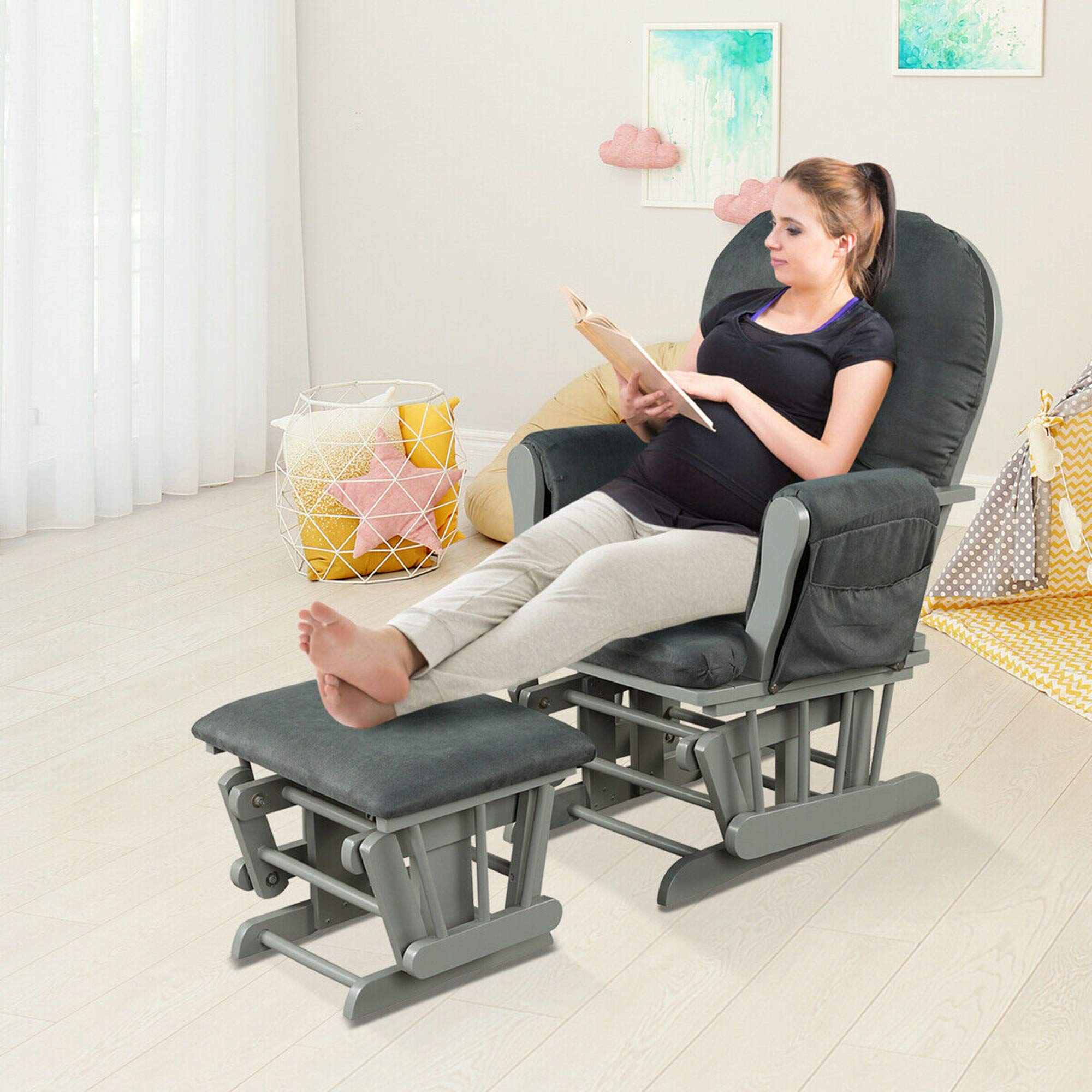 DORTALA Baby Glider Rocker with Ottoman - Adjustable Nursery Chair for Nursing, Feeding & Reading - Soft Upholstered Rocking Chair with Smooth Motion & Removable Washable Cover - Perfect for Nursery, Bedroom & Living Room (Grey)