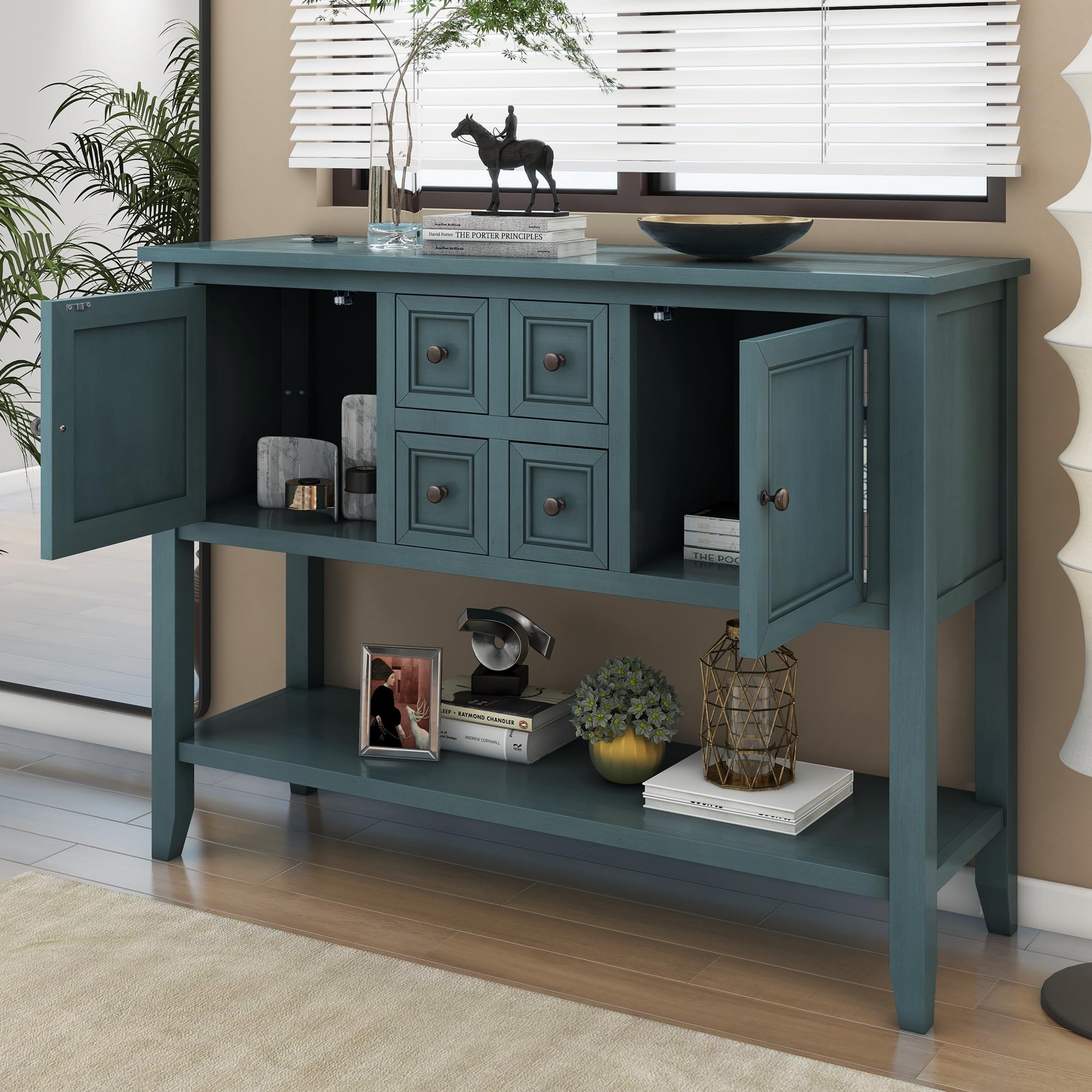 P PURLOVE Modern Console Table with 4 Drawers & 2 Cabinets - Entryway Sofa Table, Buffet Sideboard for Living Room, Hallway Storage - Dark Blue Home Furniture for Small Spaces & Apartment Decor