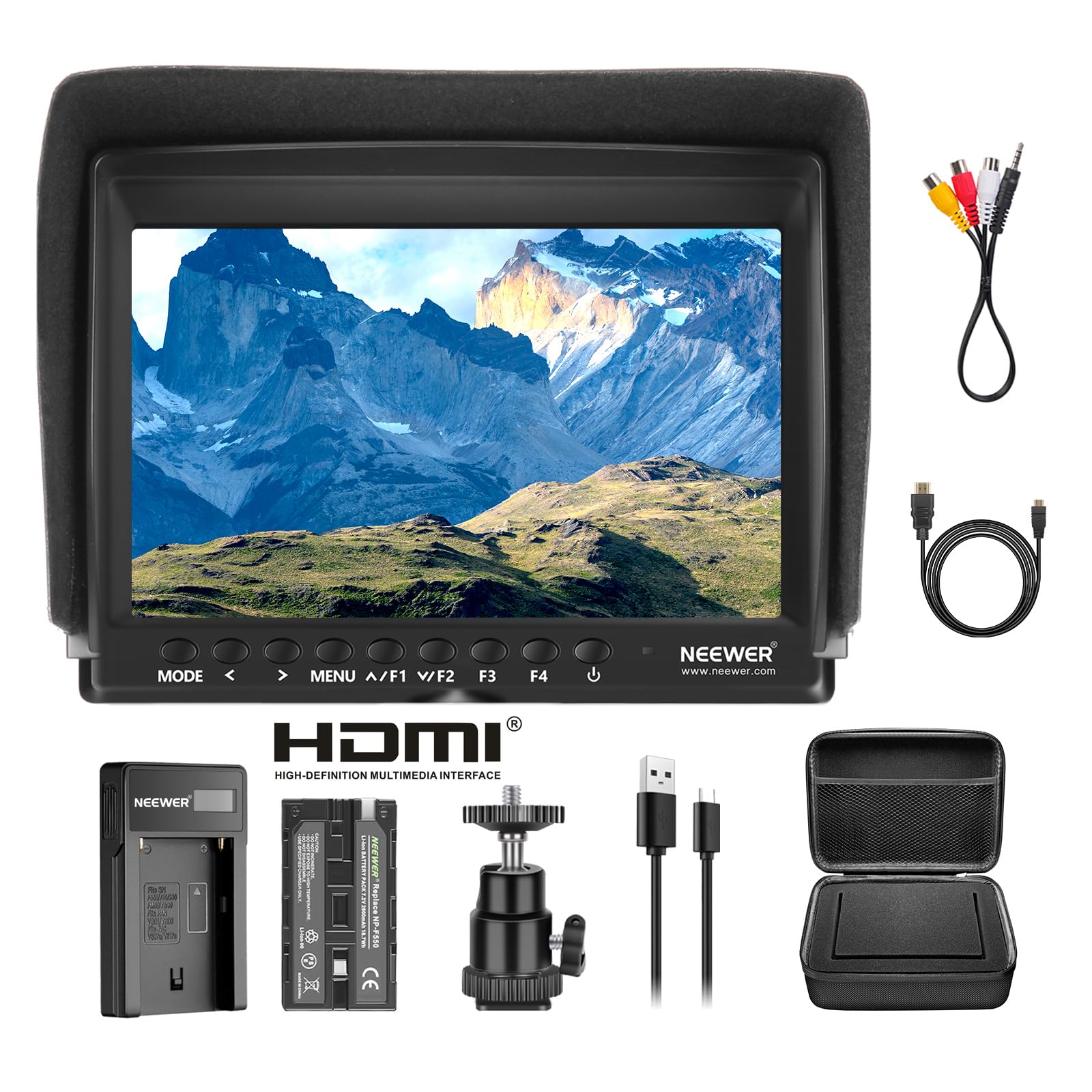 Neewer F100 7 Inch HD IPS Camera Field Monitor 1280x800 HDMI Input 1080p Video Assist with 2600mAh Li-ion Battery, USB Charger & Carrying Case - Perfect for DSLR Cameras, Stabilizers, Film Rigs, and Professional Video Production