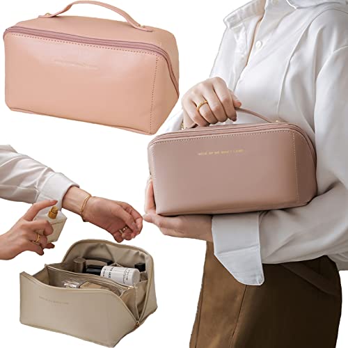 Large-Capacity Waterproof Leather Makeup Bag for Travel - Portable Cosmetic Organizer with Multiple Pockets (Pink) | Perfect for Vacation, Gym, Business Trips & Daily Essentials Storage