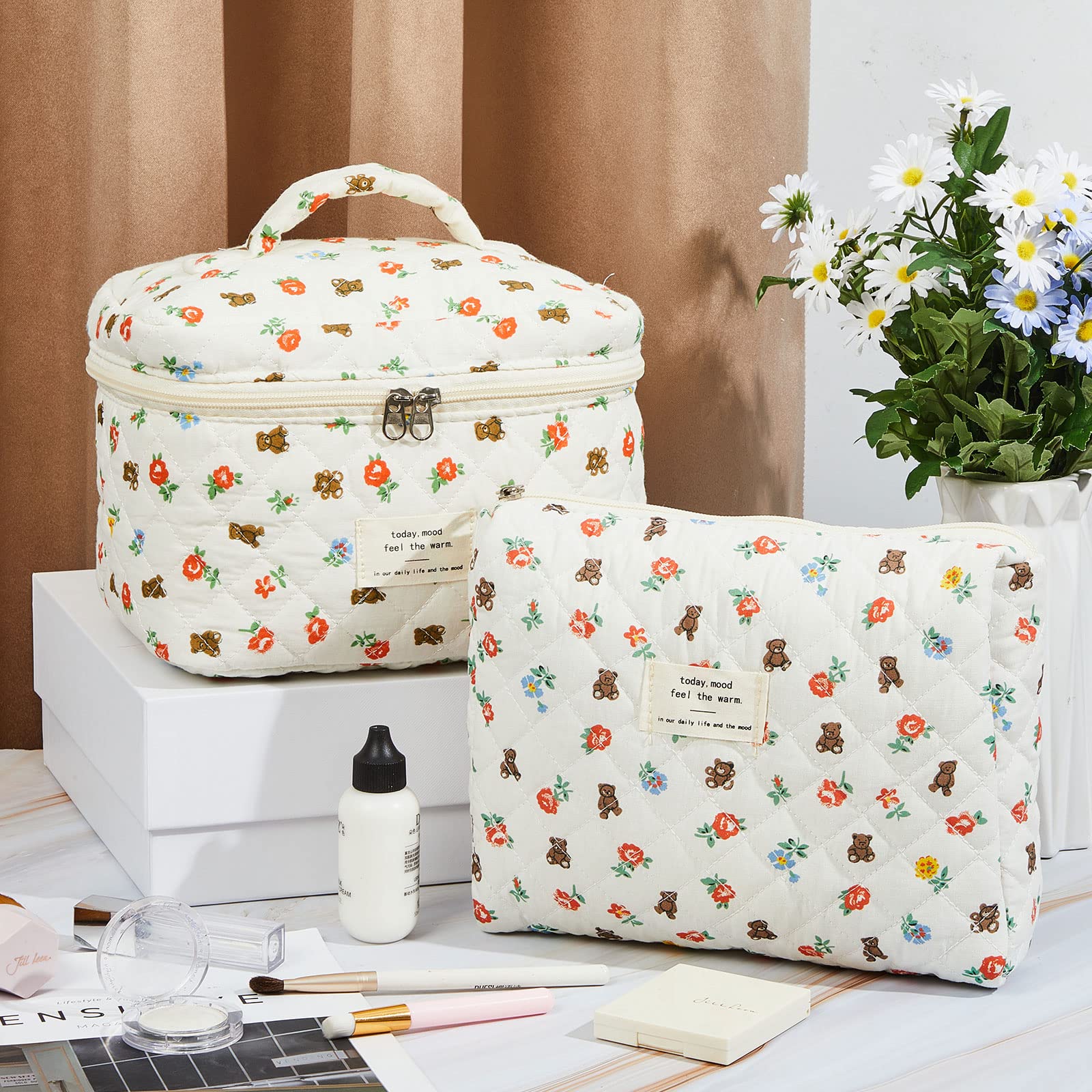 Zeyune 2 Pack Large Cotton Quilted Makeup Bags for Women - Aesthetic Floral Cosmetic Travel Organizer with Bear Design - Perfect for Skincare, Toiletries & Travel Essentials | Cute Coquette Style Gift Idea