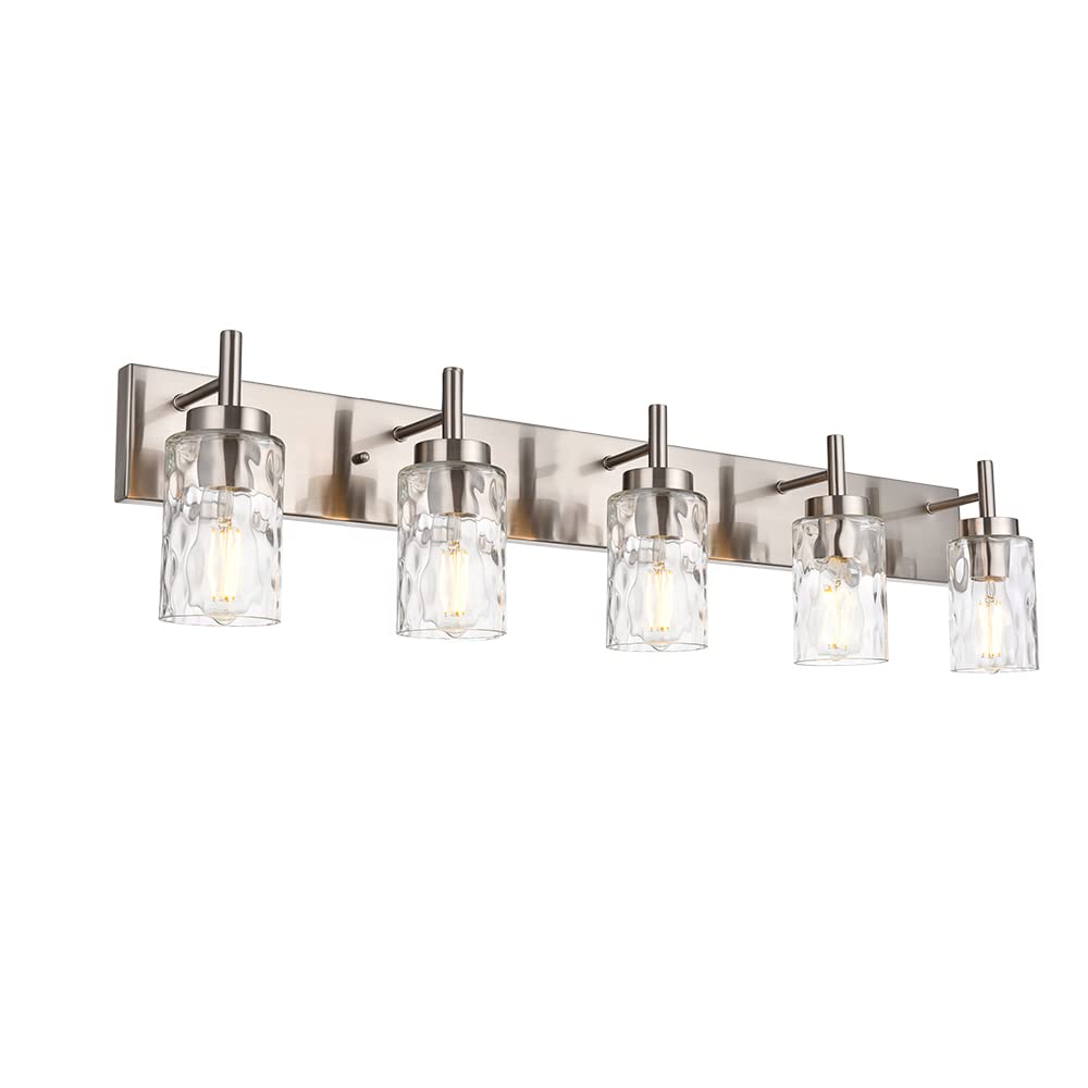 BONLICHT 5-Light Transitional Vanity Lighting Fixture - Brushed Nickel with Clear Hammered Glass Shade, Farmhouse Bathroom Wall Sconce, Contemporary Indoor Wall Mount Light for Kitchen Sink, Bedroom, Hallway & Entryway
