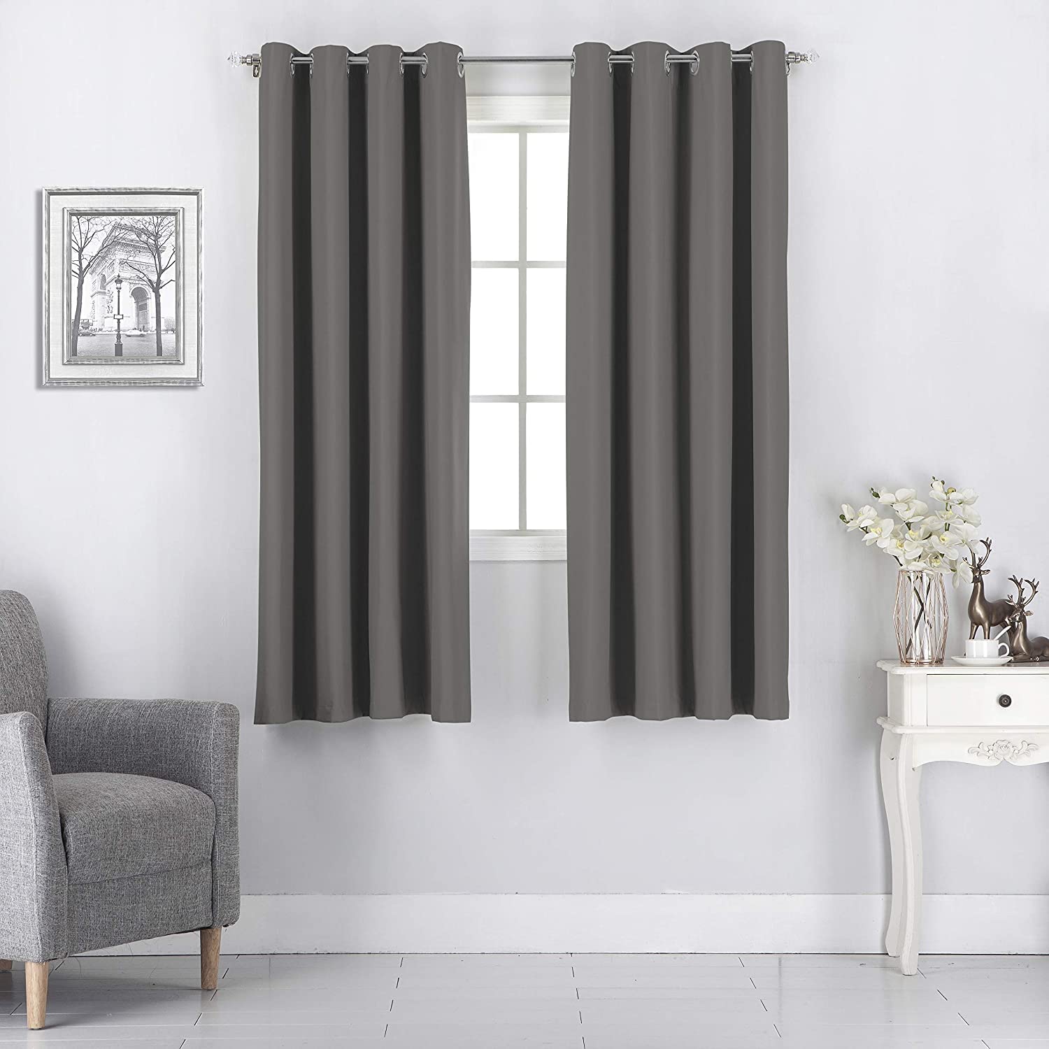 Rooney 2 Panels 100% Blackout Thermal Insulated Curtains with Grommet Top - 52x45 Inches Charcoal Blackout Drapes for Bedroom, Living Room & Home Theater