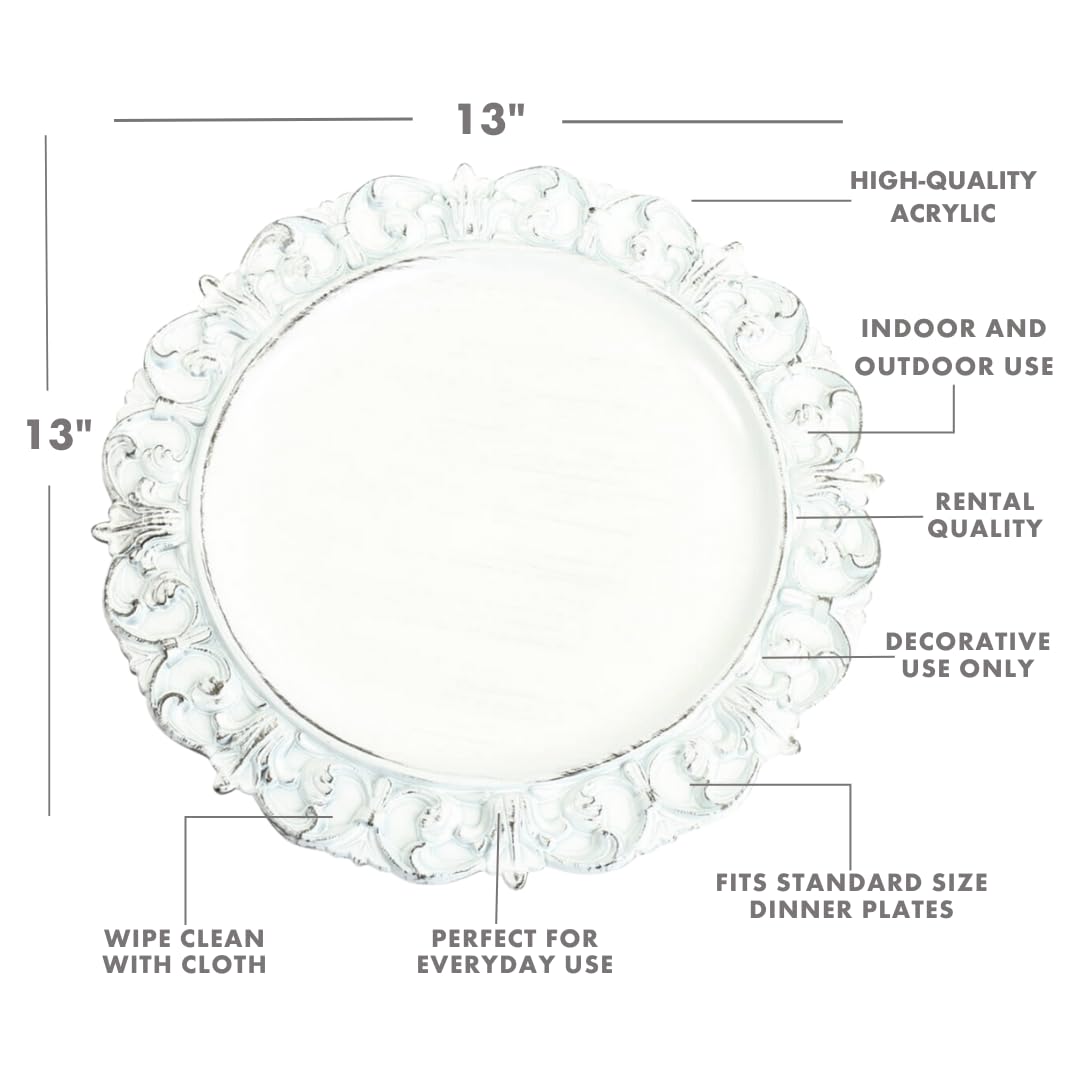 Koyal Wholesale 13-Inch French Provincial Round Acrylic Charger Plates - Set of 12 Antique White Dinner Plates - Bulk Wedding & Event Chargers - Elegant Plastic Service Plates for Formal Dining, Buffets & Special Occasions