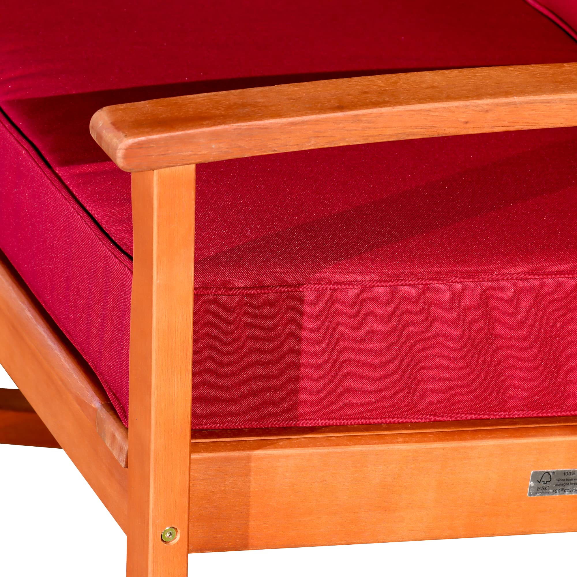 DTY Outdoor Living Longs Peak Deep Seat Eucalyptus Rocker - Natural Oil Finish, Burgundy Cushions | Patio Rocking Chair for Porch, Garden & Backyard Relaxation