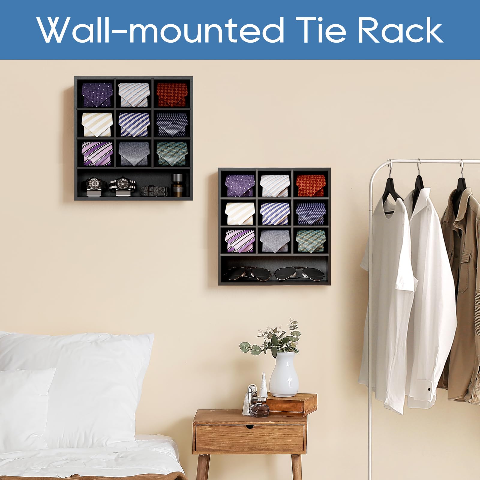 B4Life Bamboo Tie Organizer Wall Mount - 16 Tie Storage Rack with 9 Grids, Space-Saving Closet Accessory for Men's Necktie Display & Organization (Black) - Perfect for Home, Office & Walk-in Closet Organization