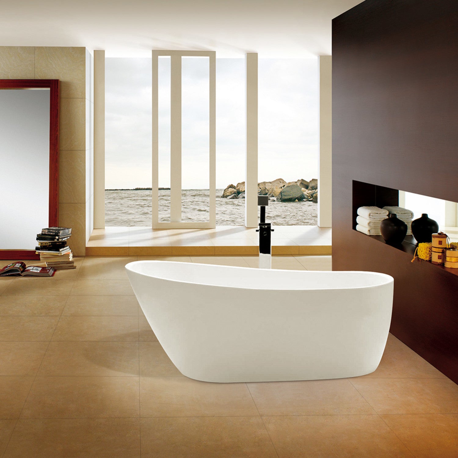 Aqua Eden VTRS592928 59-Inch Glossy White Acrylic Oval Freestanding Bathtub with Drain - Perfect for Luxury Bathrooms & Spa-Like Relaxation