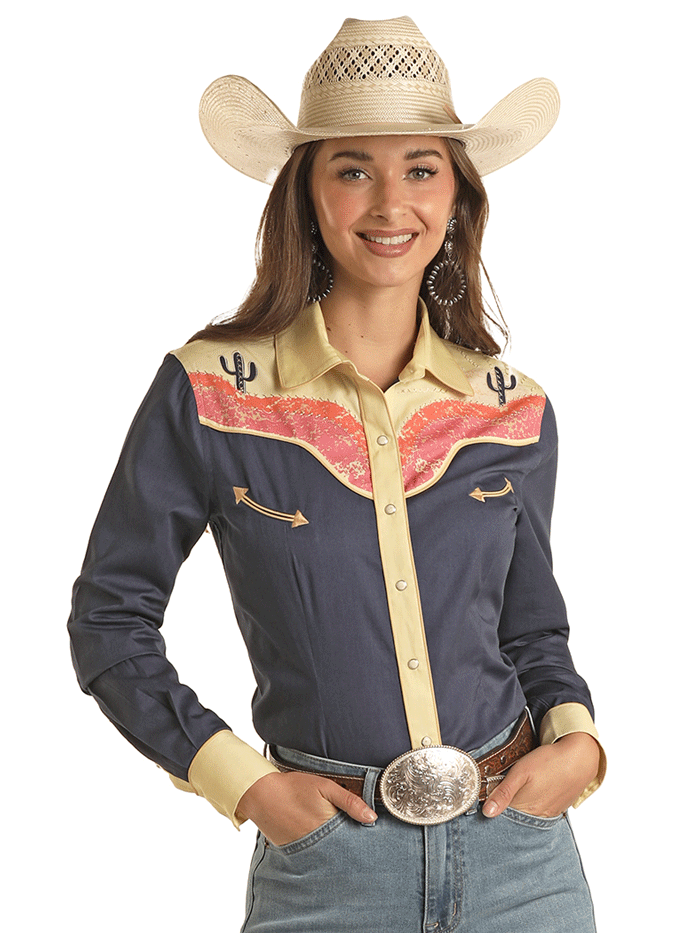 Panhandle LWN2S03459 Women's Cactus Sunset Print Long Sleeve Retro Western Shirt in Navy Blue - Perfect for Country Music Festivals & Boho Chic Outfits