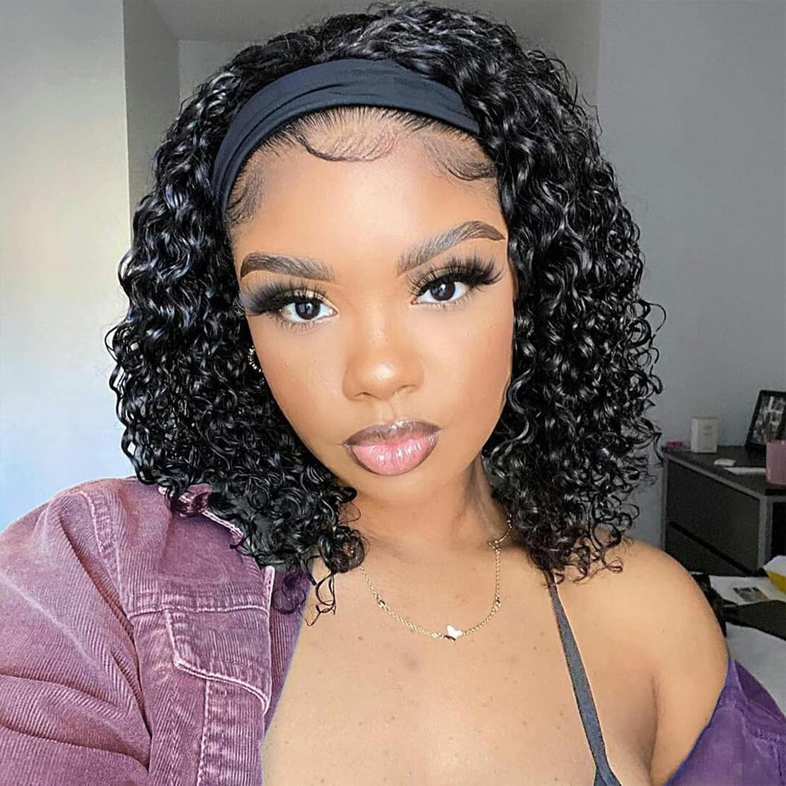 Deep Wave Headband Wig 12 Inch Human Hair - Glueless No Lace Front Brazilian Virgin Hair Wig for Black Women (150% Density, Natural Black) - Perfect for Daily Wear, Parties & Protective Styling