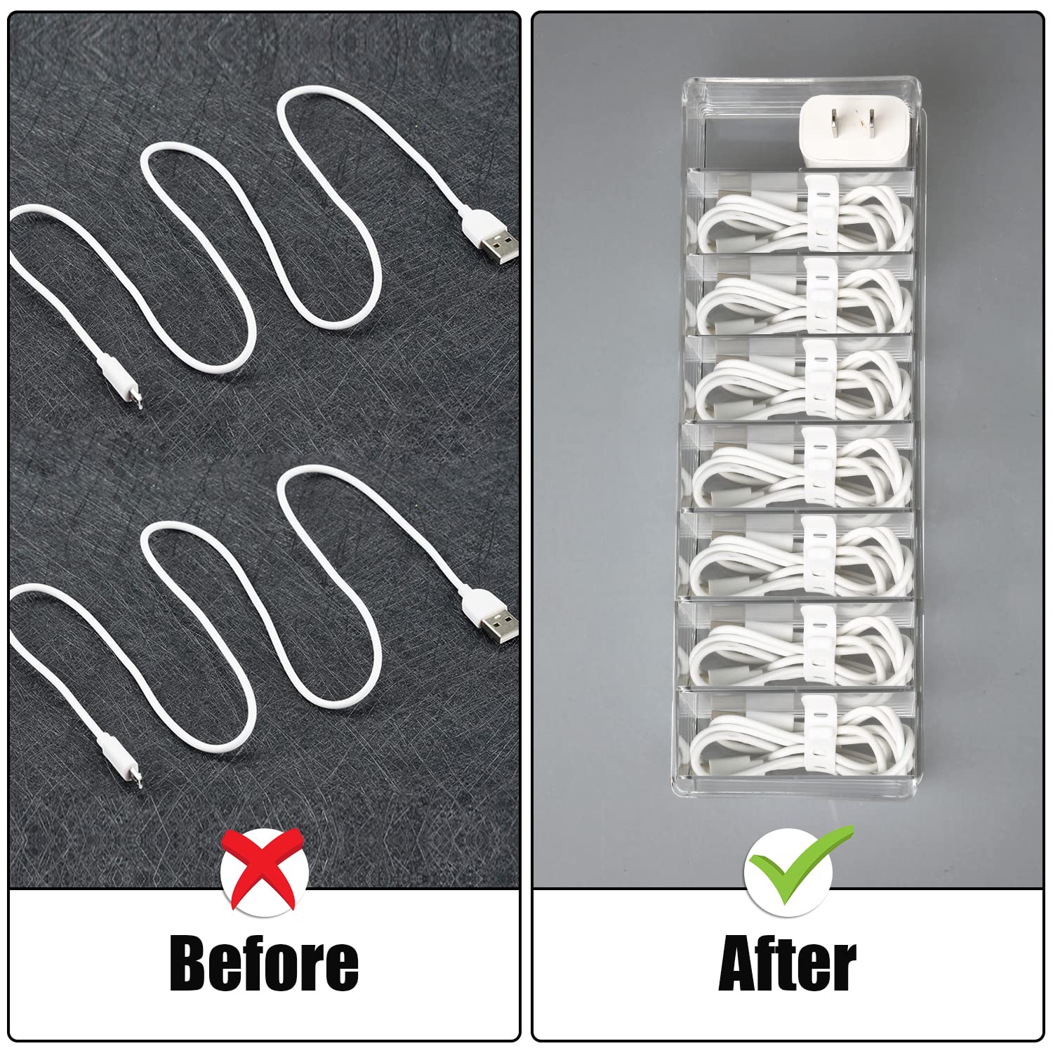 SAVITA Clear USB Charger Cable Organizer with 10 Silicone Ties - Cord Storage Drawer for Phone, Tablet, Laptop Charging Wires - Perfect for Office & Home Desk Organization (No Lid) - Keep Cables Tangle-Free & Easily Accessible