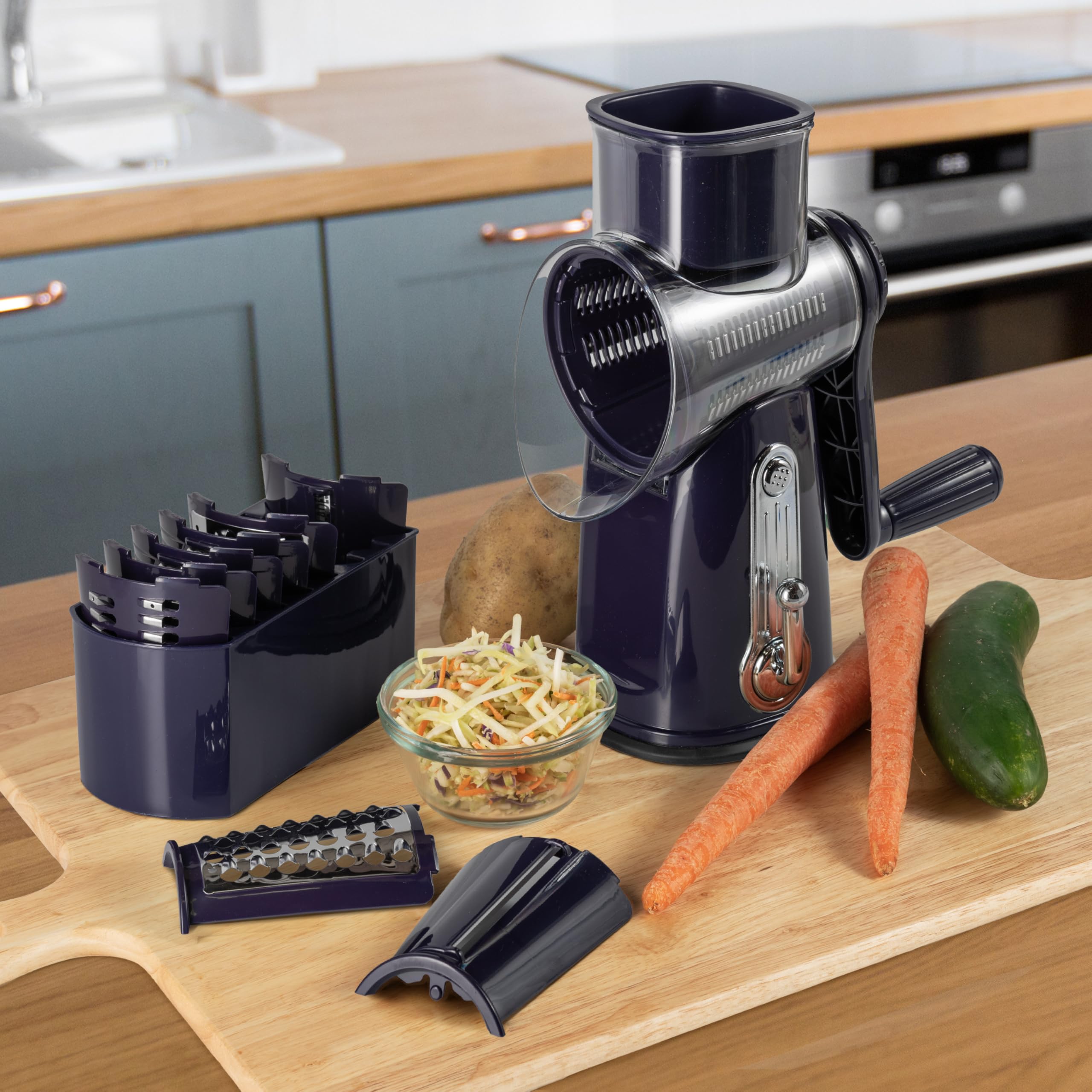 5-in-1 Rotary Cheese Grater with Handle – Stainless Steel Blades for Vegetables, Nuts & More | Multi-Functional Kitchen Tool for Grating, Slicing & Shredding | Easy to Clean & Dishwasher Safe (Purple) | Perfect for Salads, Pasta, Baking & Meal Prep