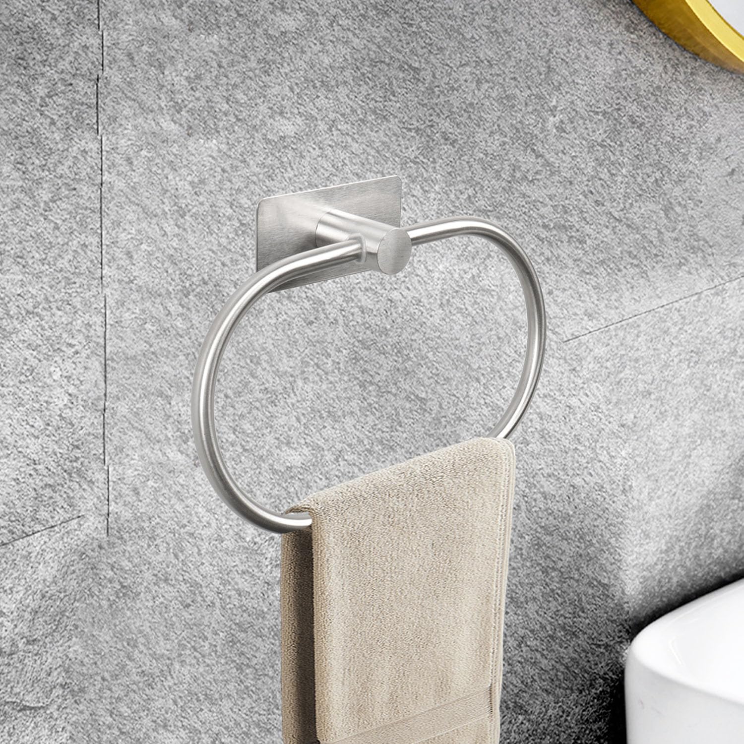 Stainless Steel Oval Towel Ring - No Drill Self Adhesive Hand Towel Holder for Bathroom & Kitchen, Thick SUS304 Modern Towel Rack (Brushed Nickel) - Perfect for Small Spaces & Rental Homes