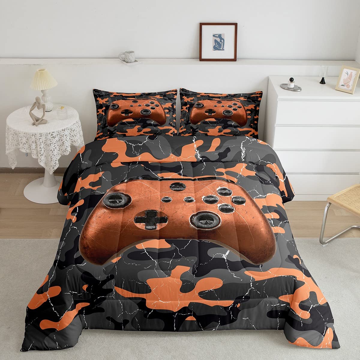 Erosebridal Camouflage Gaming Comforter Set King - Military Camo Video Game Bedding for Boys & Teens | Soft Reversible Quilted Duvet with Vintage Gamepad Design | Perfect for Gamer Rooms, Dorm Decor & Cozy Gaming Nights