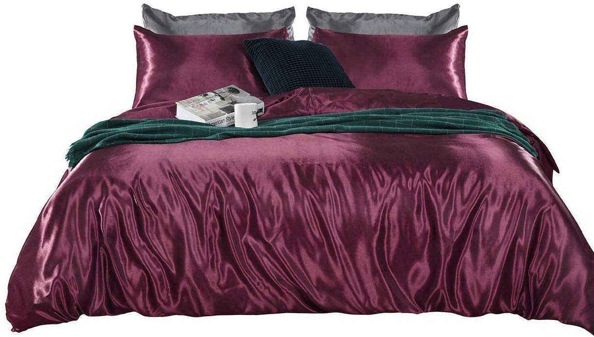 Luxury 10-Piece Satin Comforter Set - Soft Silk-Like Bedding (Comforter, Duvet Cover, Flat Sheet, Fitted Sheet, 6 Pillowcases) - Durable & Comfortable Olympic Queen Size in Wine Red - Perfect for Master Bedrooms, Guest Rooms & Luxury Hotels