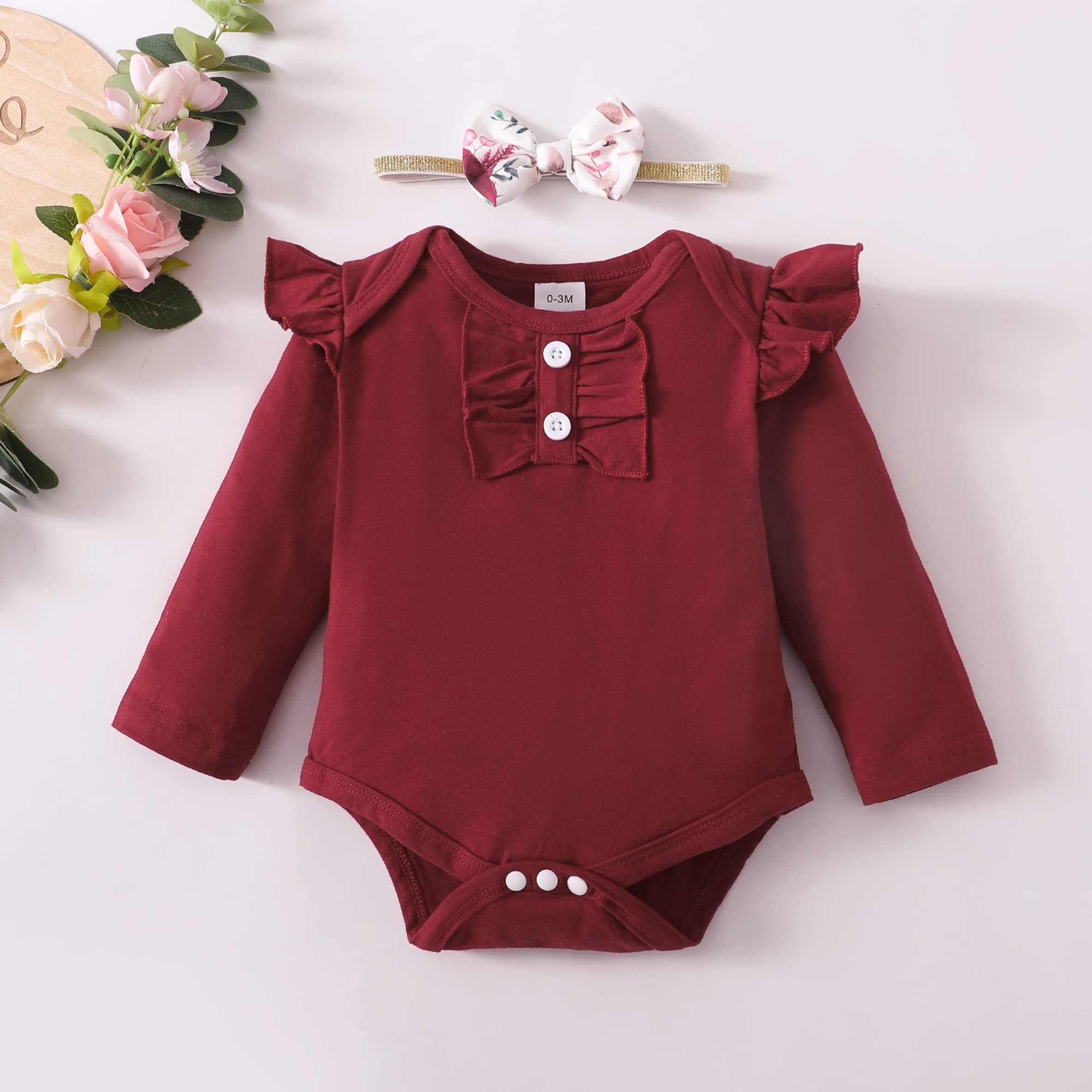 OLLUISNEO Newborn Baby Girl Clothes - Cute Floral Long Sleeve Romper & Pant Set for Infant Girls 0-24 Months | Soft Cotton Winter Outfit for Fall & Winter | Perfect for Family Photos, Holiday Gifts & Daily Wear