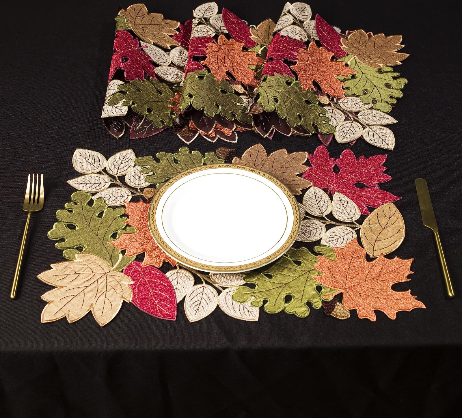 KEVA Fall Placemats Set of 4 - 13x19 Inch Autumn Table Mats with Maple Leaf Embroidery | Thanksgiving & Harvest Decor for Dining Table | Perfect for Seasonal Home Kitchen Decor & Holiday Gatherings