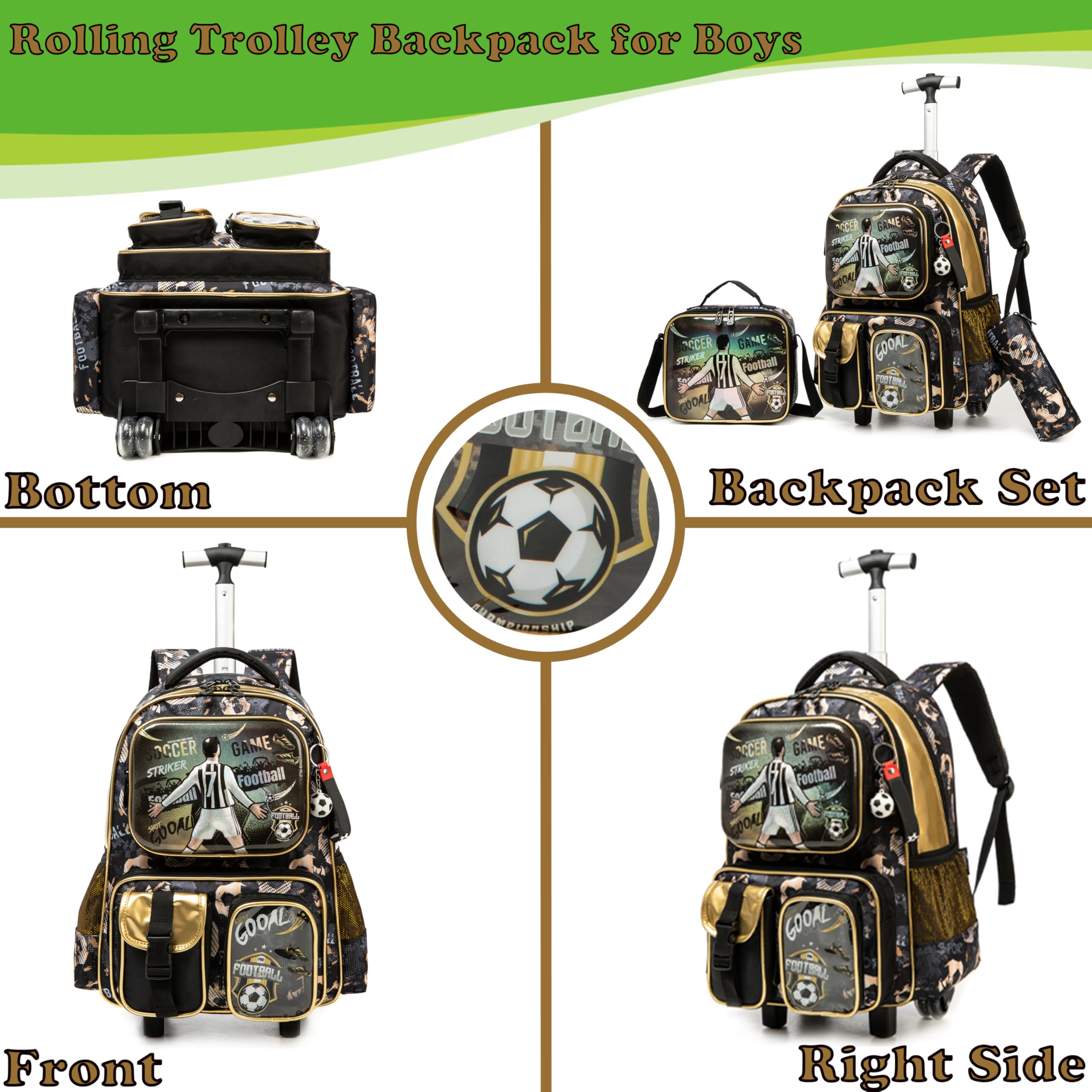 Egchescebo Kids Rolling Backpack for Boys - Soccer Themed Wheeled Luggage with Lunch Box & Pencil Case, Multiple Functional Pockets for School & Travel - Navy Blue | Perfect for Elementary Students, Daily Commute & Family Trips