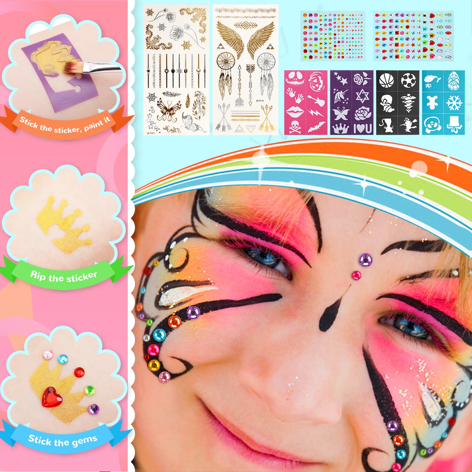 Lenbest Kids Face Paint Kit - 17 Halloween Face Paint Colors with 256 Glitter Diamonds | Non-Toxic, Safe for Children & Professional Use | Perfect for Halloween, Birthday Parties & Costume Events