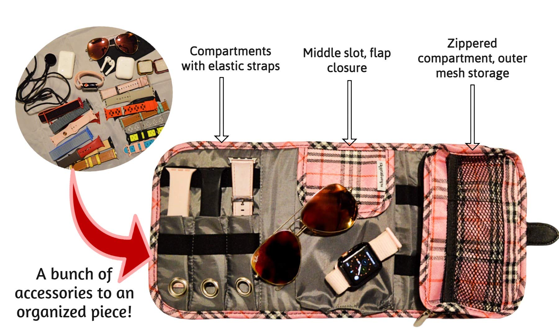 Apple Watch Band Organizer & Travel Storage Case - Holds 16 Straps, Charger, USB Cables, SD Cards & Accessories (Pink) | Perfect for Travel, Home Organization & Electronic Accessory Storage