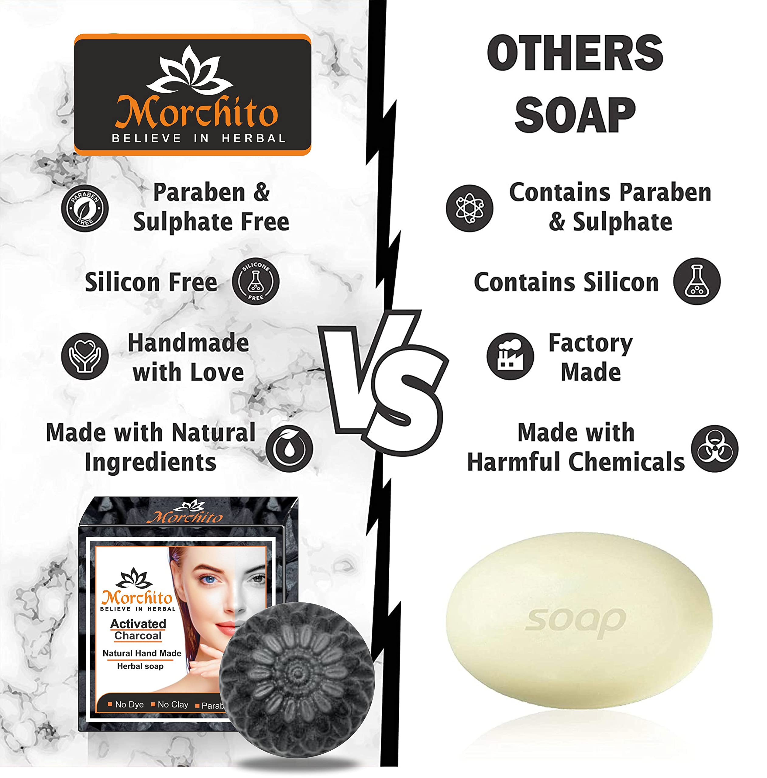 Morchito Activated Charcoal Soap - Natural Detox & Skin Whitening Bar for Women, Acne & Blackhead Treatment, Anti-Wrinkle Face & Body Cleanser | Pack of 5 (5x100g) | Perfect for Daily Skincare Routine & Deep Pore Cleansing