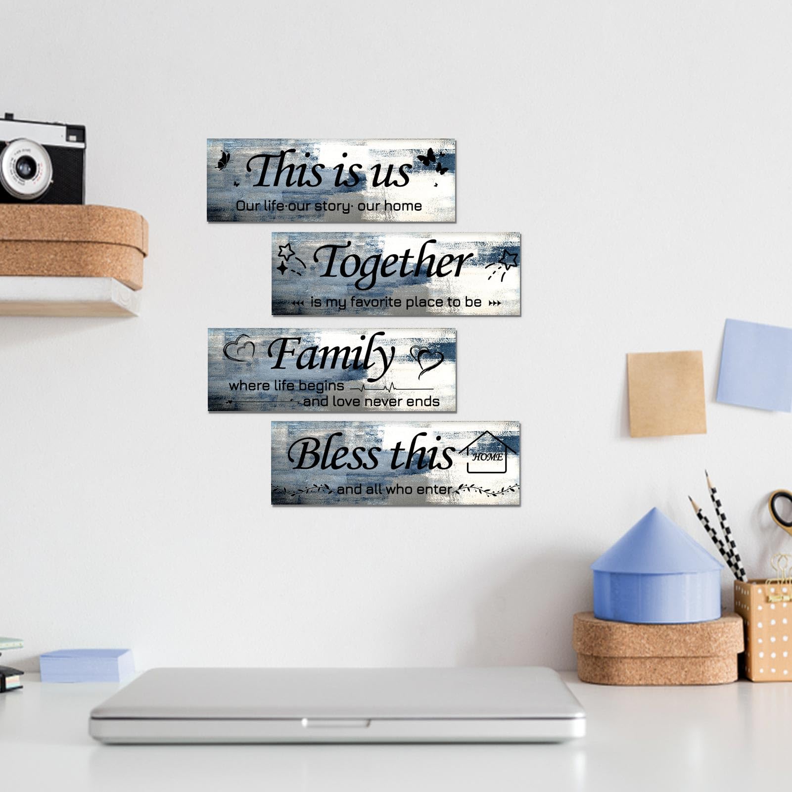 Lnond 4-Piece Blue Abstract Wall Art Set - Motivational Rustic Wooden Farmhouse Decor for Living Room & Bedroom (12x4 Inch) - Perfect for Home, Office & Gift Giving