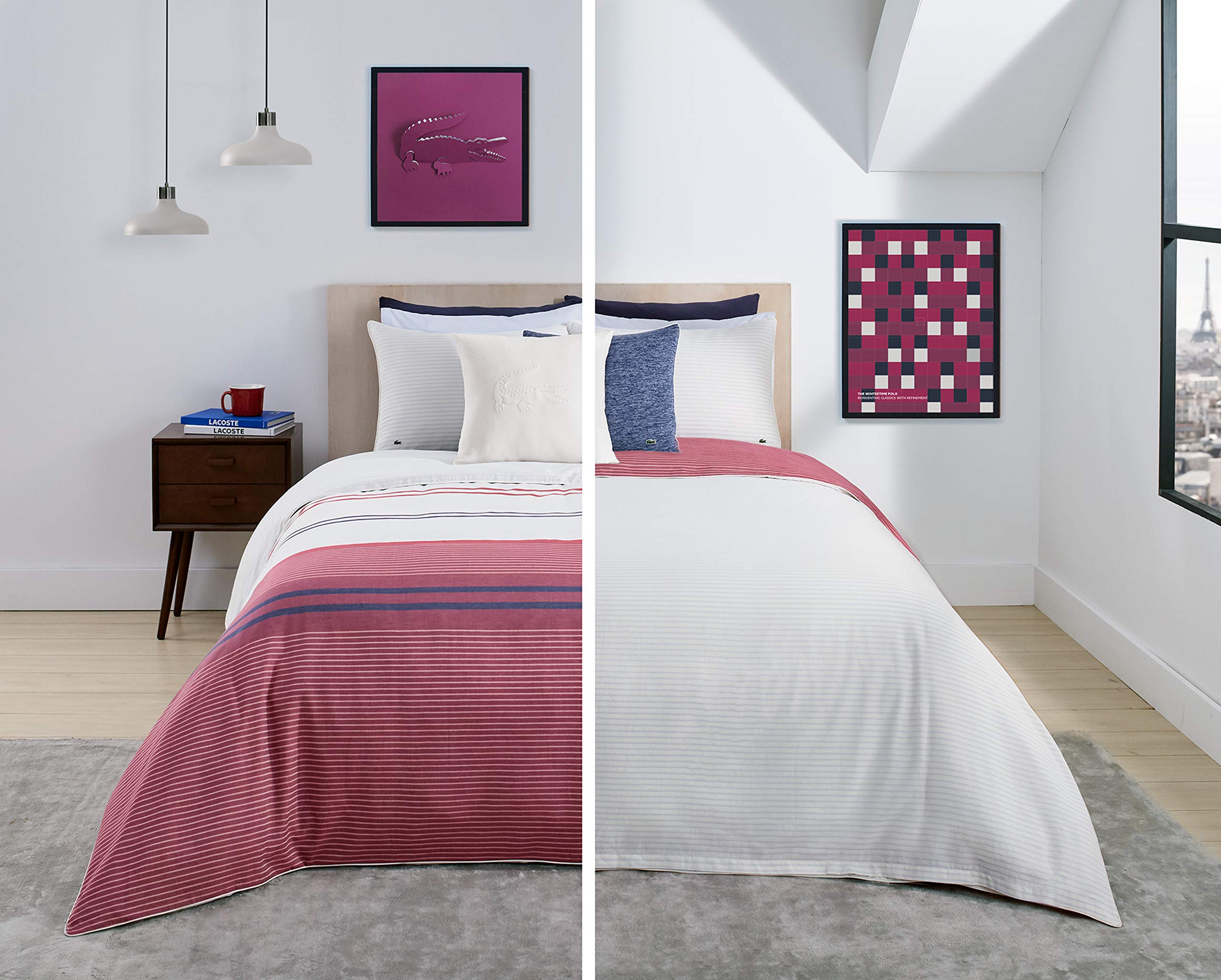 Lacoste Smash King Size Duvet Cover Set - 100% Cotton Red Luxury Bedding for Master Bedroom & Guest Room