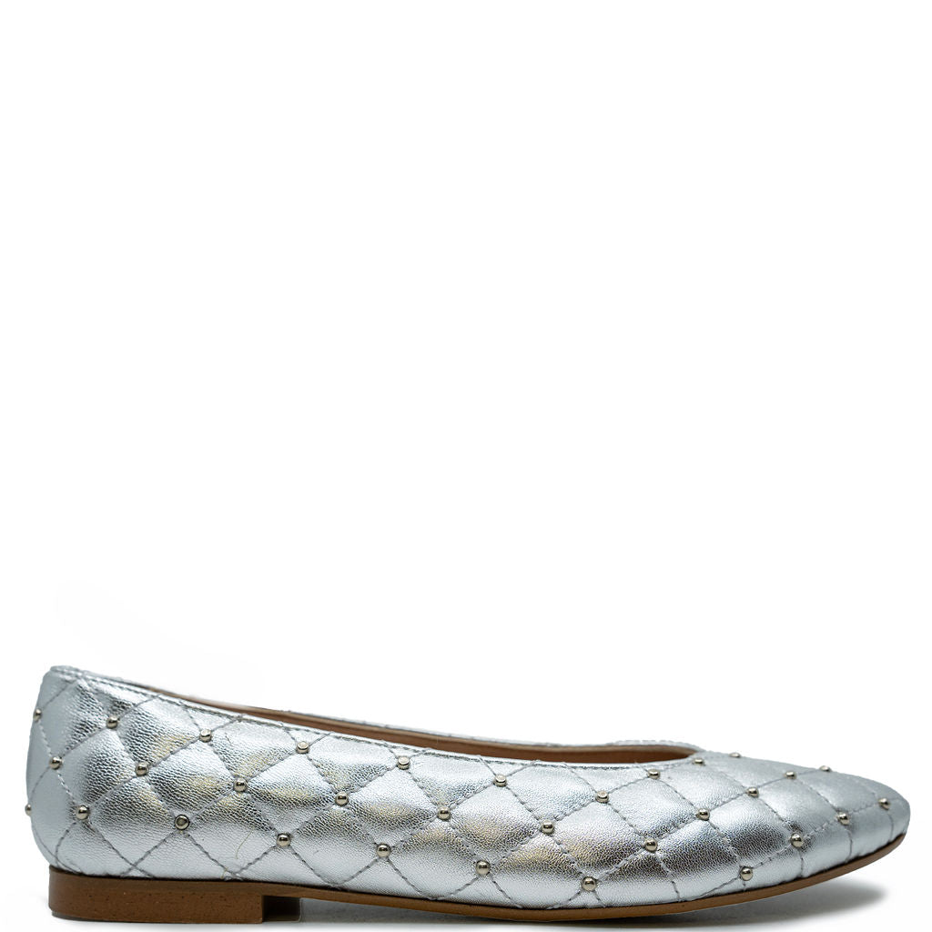 Papanatas Silver Stud Flat Shoes - Women's Comfortable Ballet Flats for Work, Office & Casual Wear