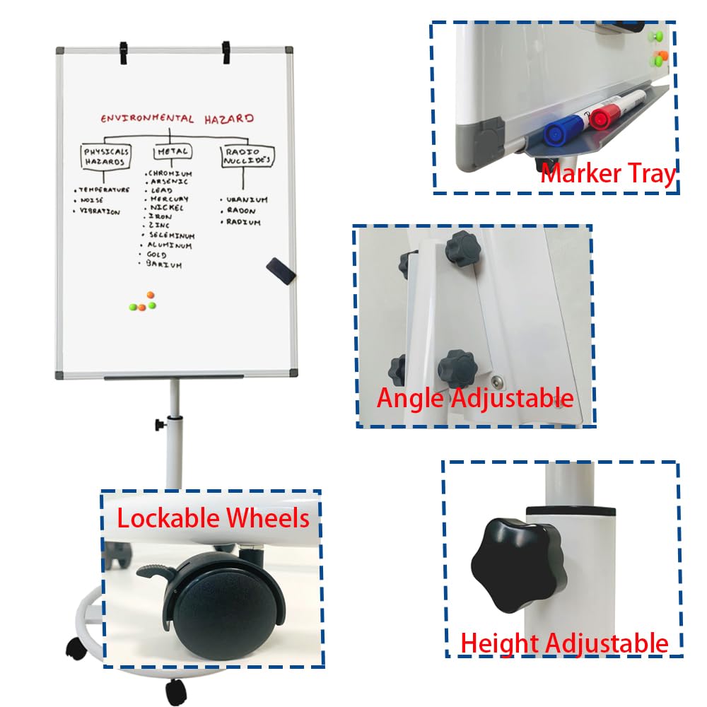 Adjustable Magnetic Dry Erase Board 36x24 Inches - Portable Whiteboard Stand with Easel & 25-Sheet Paper Pad - Vertical Hanging Whiteboard for Office, Classroom, Home (White Frame)