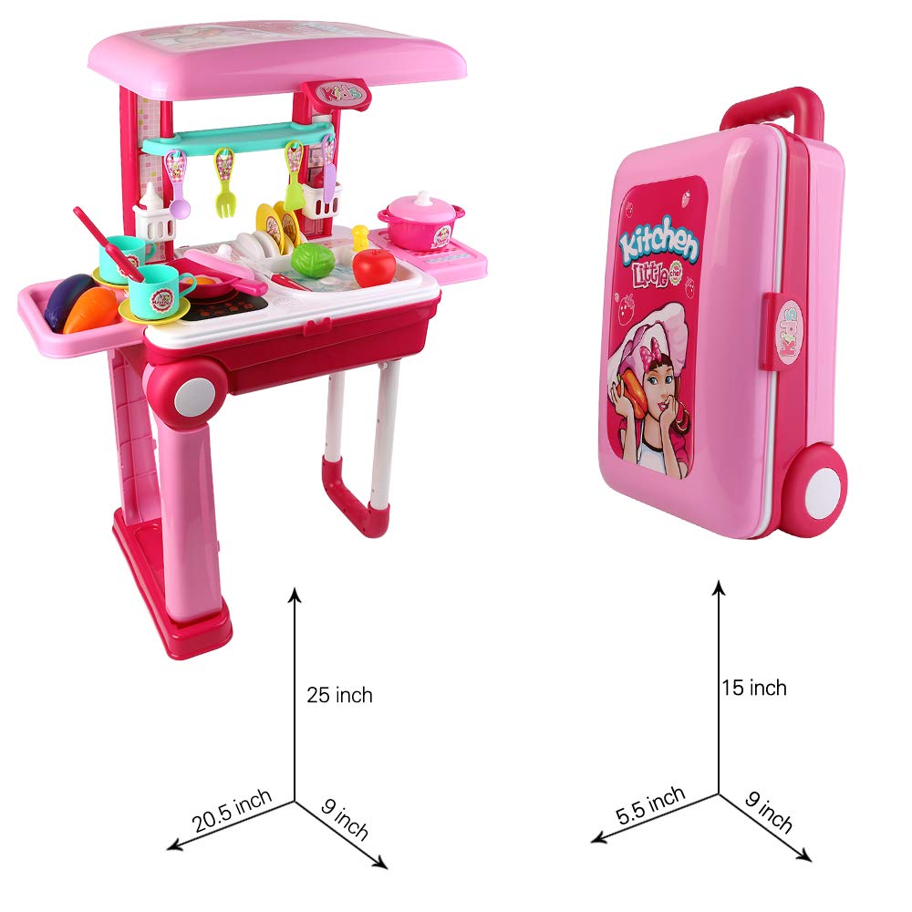 2 in 1 Pretend Play Kitchen Toy Set - Portable Travel Suitcase Kitchen Playset for Kids | Perfect for Indoor & Outdoor Role Play Games, Birthday Gifts for Boys & Girls Ages 3-6