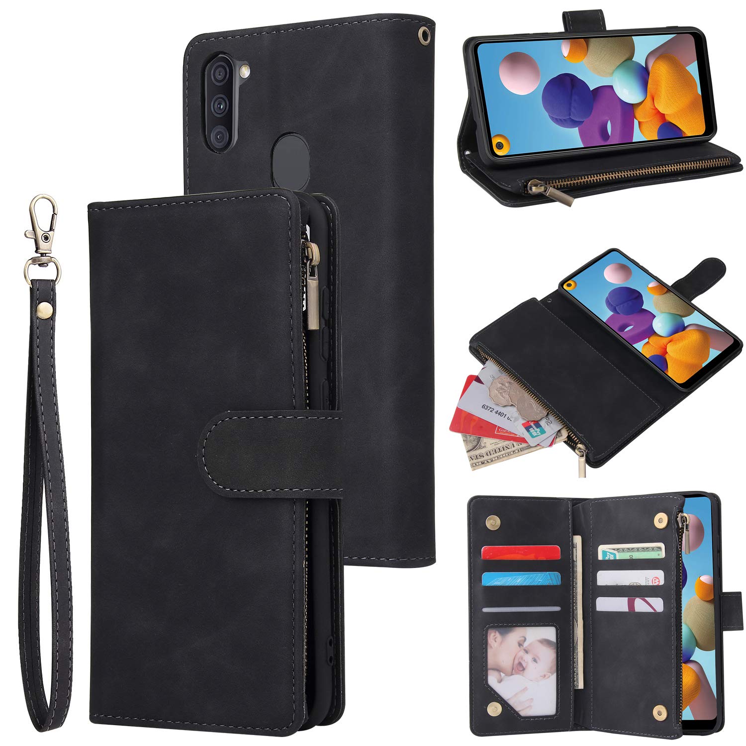 Premium PU Leather Wallet Case for Samsung Galaxy A21 - Flip Protective Phone Cover with Card Slots, Zipper Pocket, Kickstand & Wrist Strap | Perfect for Business, Travel & Everyday Use (Black)