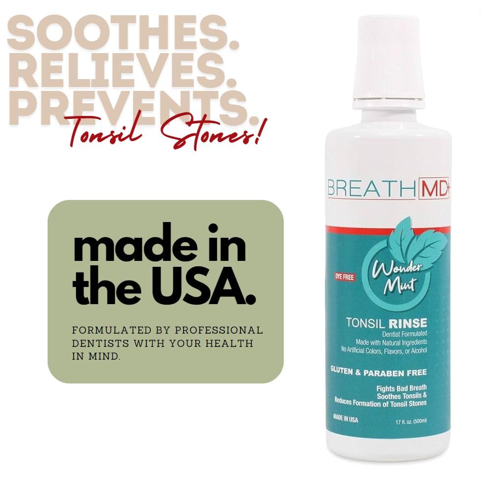 Natural Tonsil Stone Remover & Bad Breath Treatment Mouthwash - Dentist Formulated, Alcohol-Free, Dye-Free, Gluten-Free - Wonder Mint Flavor - Made in USA - Freshens Breath & Prevents Tonsil Stones for Daily Oral Care