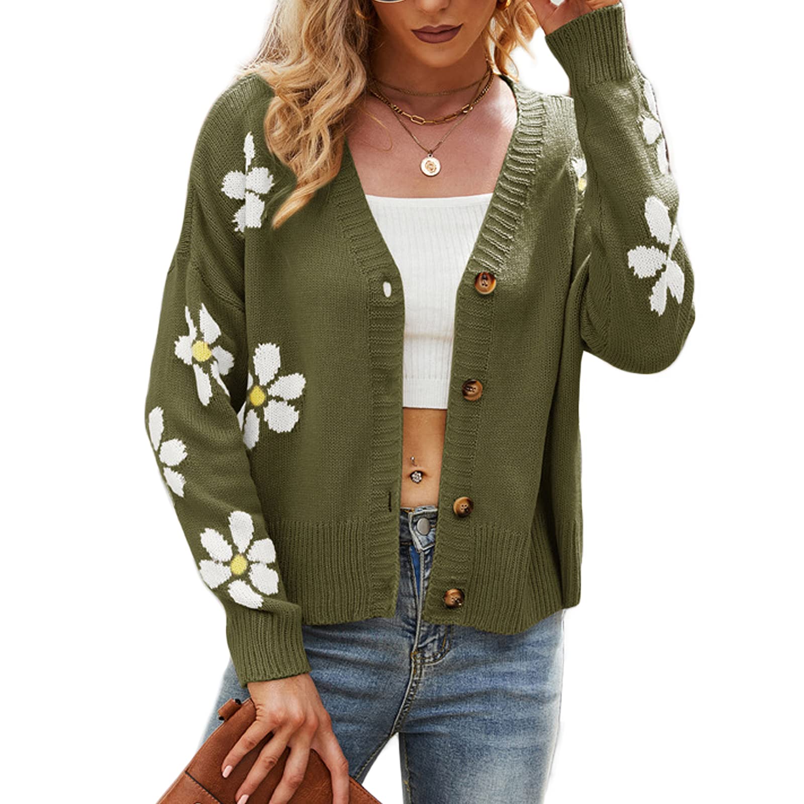 Women's Floral Print V-Neck Cropped Knit Cardigan - Button Down Long Sleeve Sweater Top for Spring & Fall Layering | Casual Office Wear & Date Night Outfits