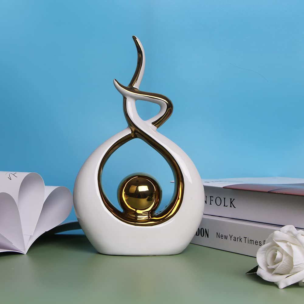 Norrclp Modern Abstract Art Ceramic Statue - White & Gold Small Table Decor for Dining Room, Living Room, Office Centerpiece, Home Decor Gift Idea