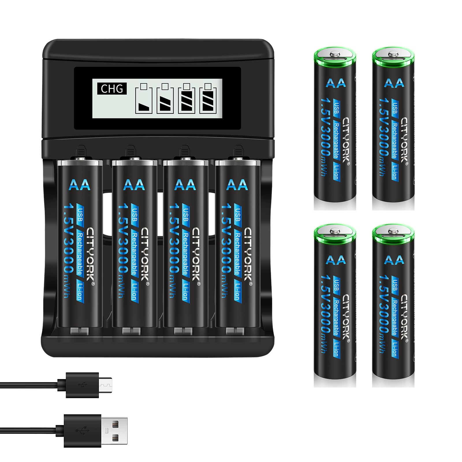 CITYORK 8 Pack USB AA 3000mWh Rechargeable Lithium Batteries with 4 Bay Fast Charger - 1.5V Li-ion Battery Set Includes 4-in-1 Type-C Cable - Perfect for Cameras, Game Controllers, Flashlights & Wireless Devices