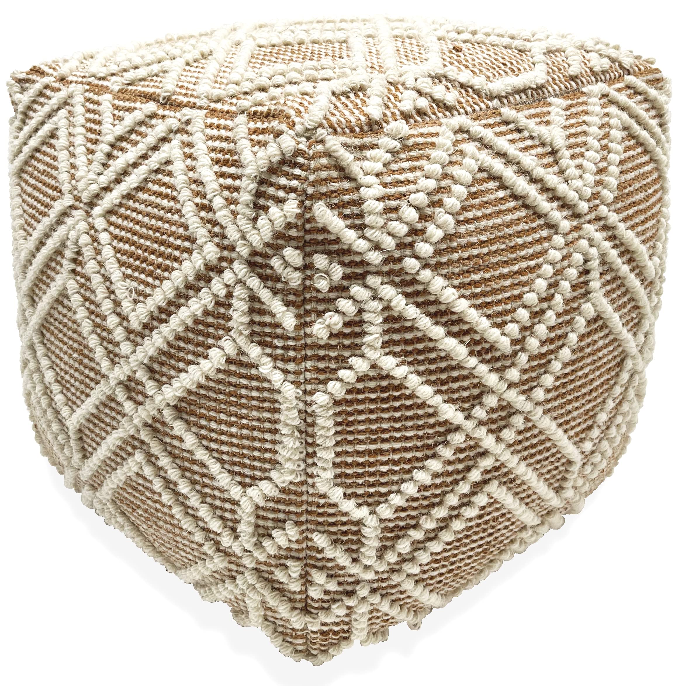 Handmade ADDO Wool & Cotton Natural Fiber Pouf Ottoman - Easy Maintenance Footstool for Living Room, Bedroom, Family Room - Tan - Perfect for Relaxing, Reading & Home Decor