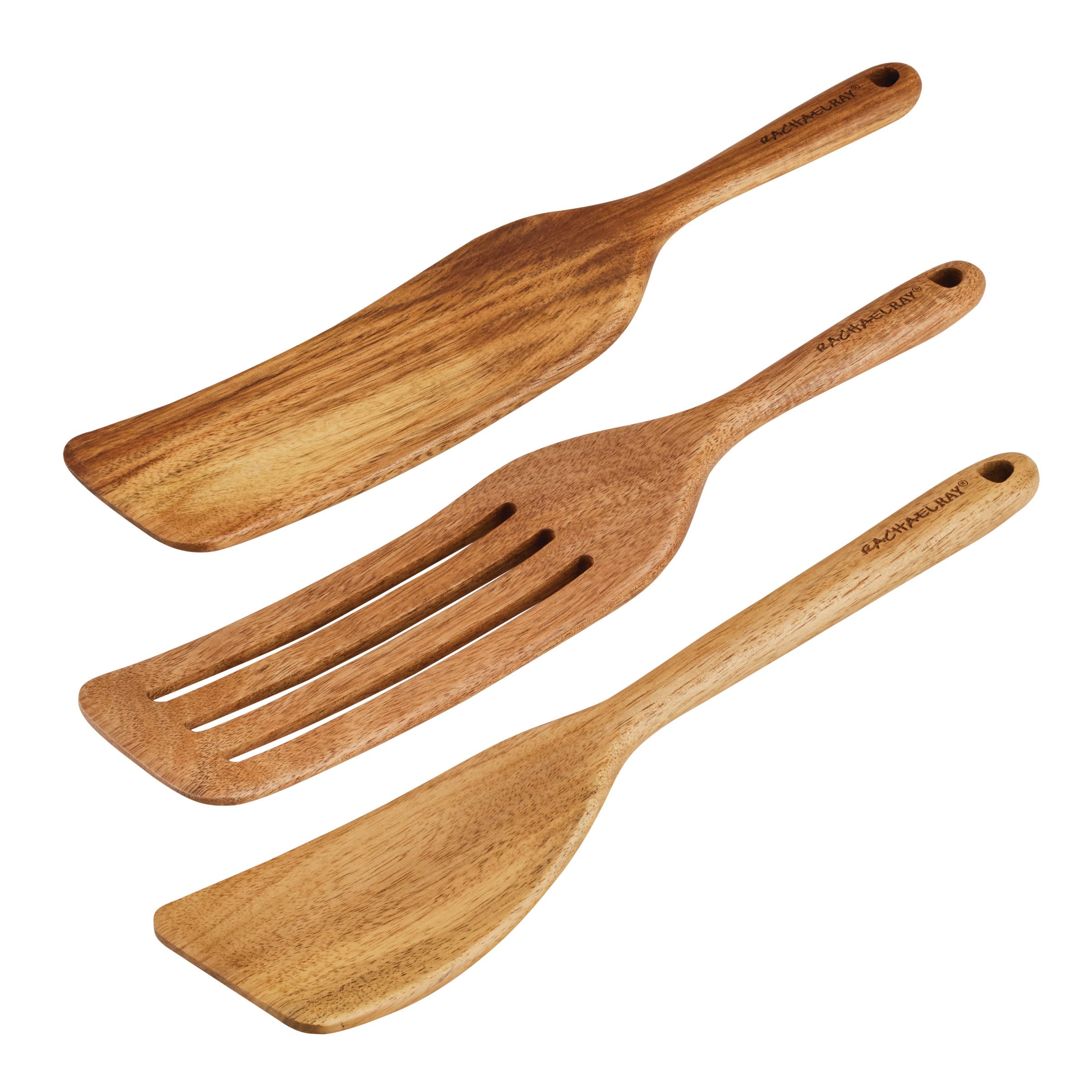 Rachael Ray 3-Piece Acacia Wood Kitchen Utensil Set - Wooden Cooking Tools, Spatula, Spoon & Slotted Spoon for Baking, Stirring & Serving - Perfect for Home Chefs & Professional Kitchens