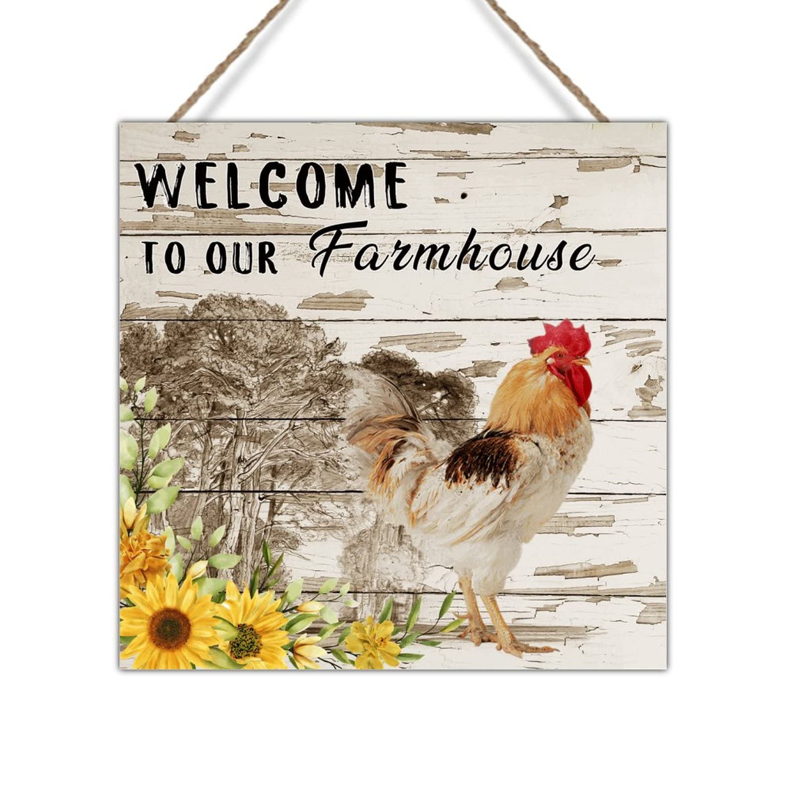 Distressed Wood Wall Art Sign - Welcome to Our Farmhouse Chicken Coop Decor | Rustic Rooster Wall Hanging for Living Room, Bathroom, Kitchen | 16x16 Inch Farmhouse Decor - Perfect for Housewarming, Farmer Birthday Gift & Country Home Decor