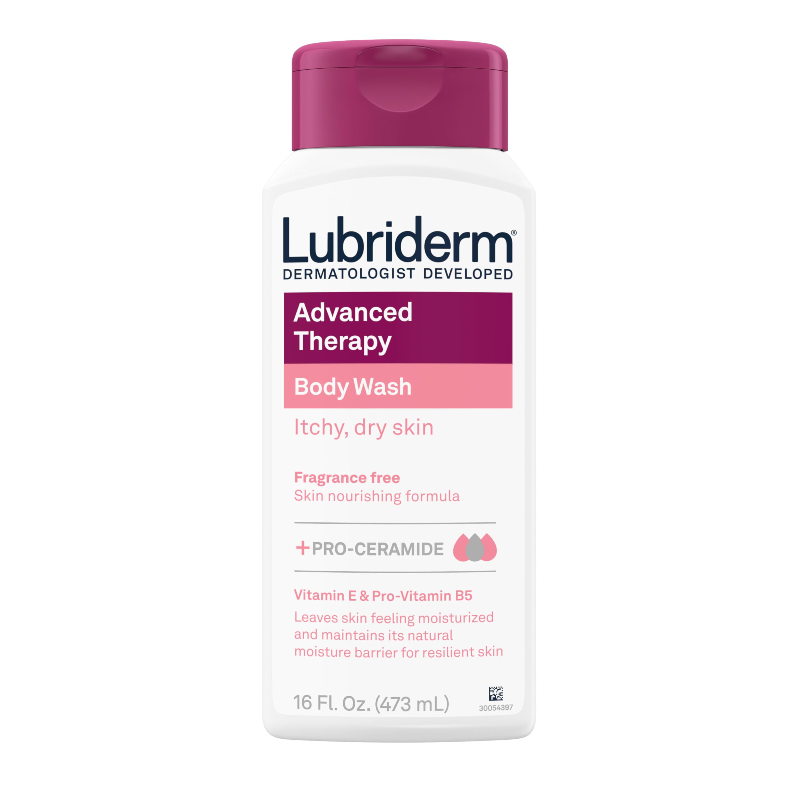 Lubriderm Advanced Therapy Body Wash - Unscented Nourishing Cleanser with Pro-Ceramide, Vitamin E & B5 for Dry, Itchy Skin Relief | Fragrance-Free, Hypoallergenic Formula | 16 fl oz | Perfect for Sensitive Skin & Daily Moisturizing Care