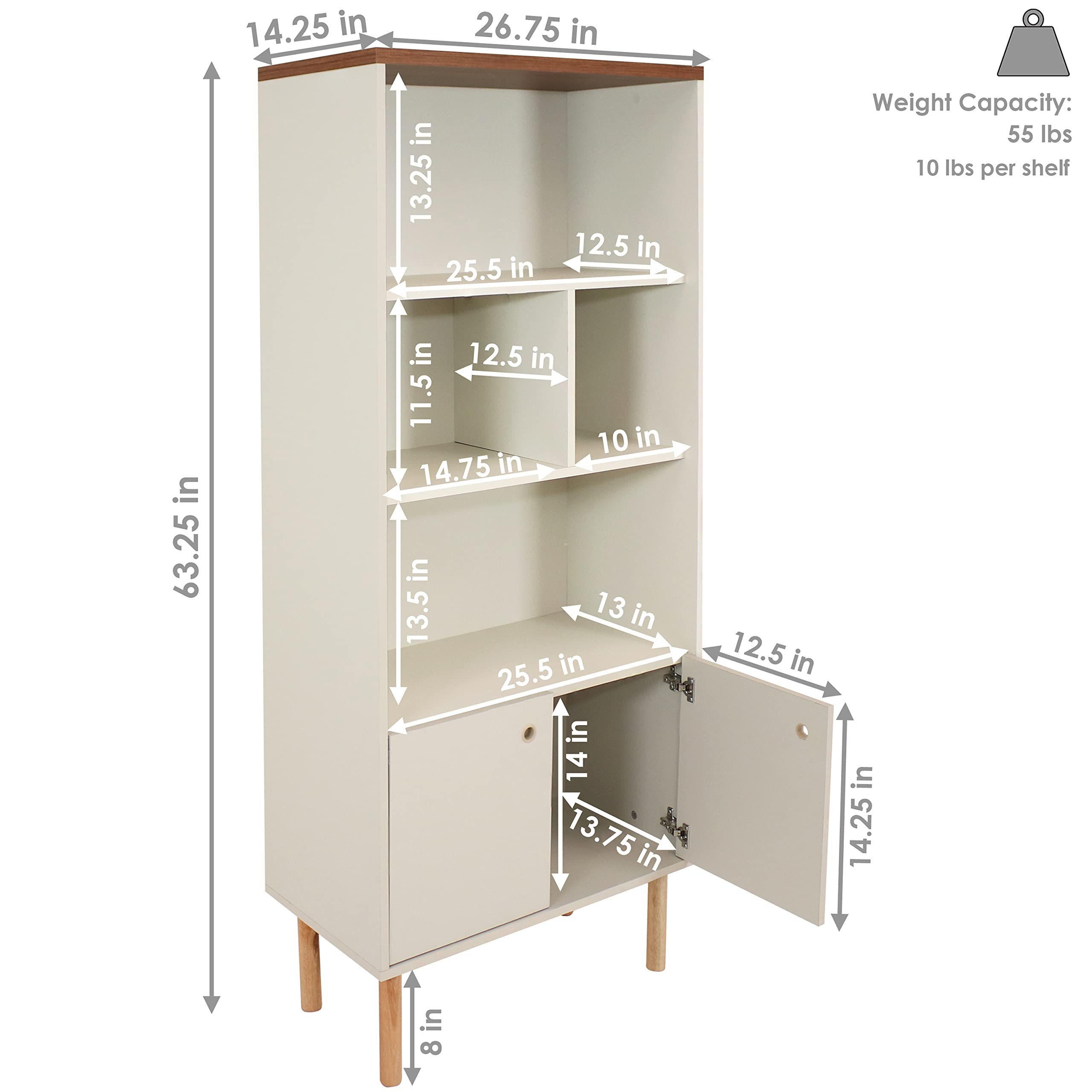 Mid-Century Modern 5-Shelf Bookcase with Storage Cabinet - Stylish Latte Wooden Bookshelf for Living Room, Bedroom, Office & Dining Room - Perfect for Home Decor, Book Storage & Displaying Decorative Items