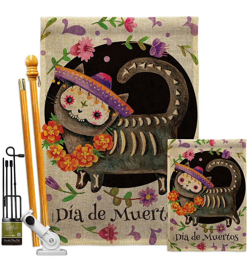 Day of the Dead Cat Burlap Garden Flag Kit - Double-Sided Mexican Party Decor for Fall, Dia de Muertos, Halloween & Autumn - Made in USA (28x40 Inches) - Perfect for Yard, Porch & Festival Decorations