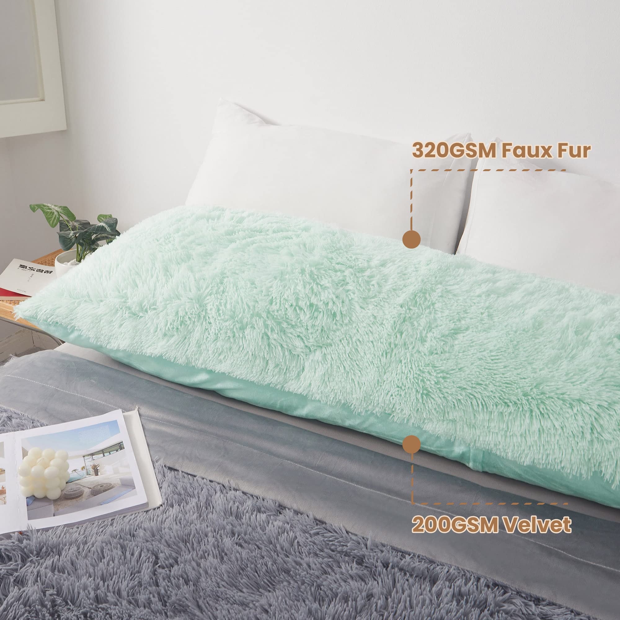 Luxury Fluffy Body Pillow Cover 20x54 Inches - Soft Shaggy Faux Fur Pillowcase with Zipper Closure, Plush Hug Pillow for Bedroom, Couch & Dorm - Aqua Green Decorative Furry Long Pillow for Adults & Teens
